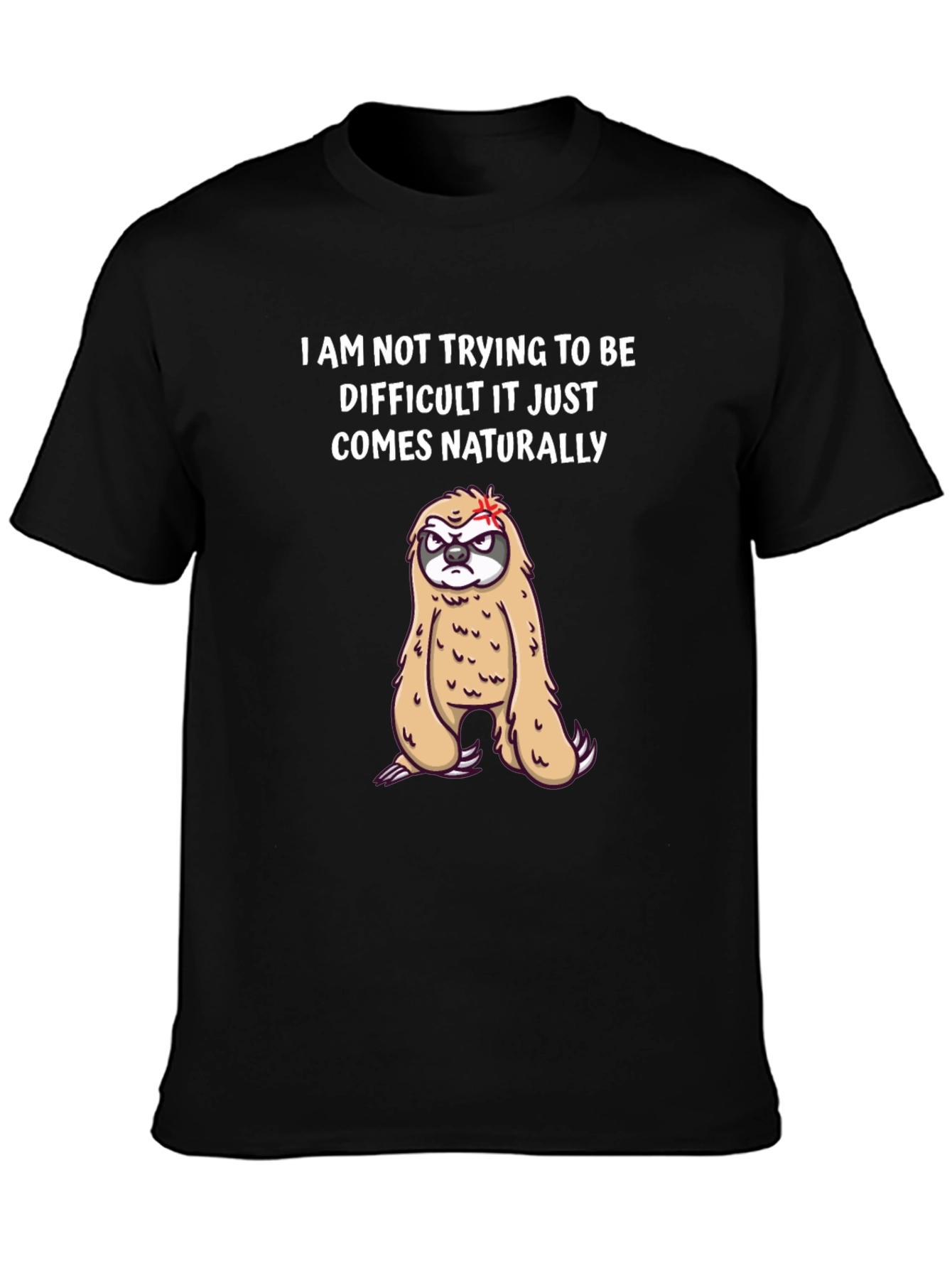Black Funny Sloth Graphic Tee - 'Naturally Difficult' Humor T-Shirt view 3
