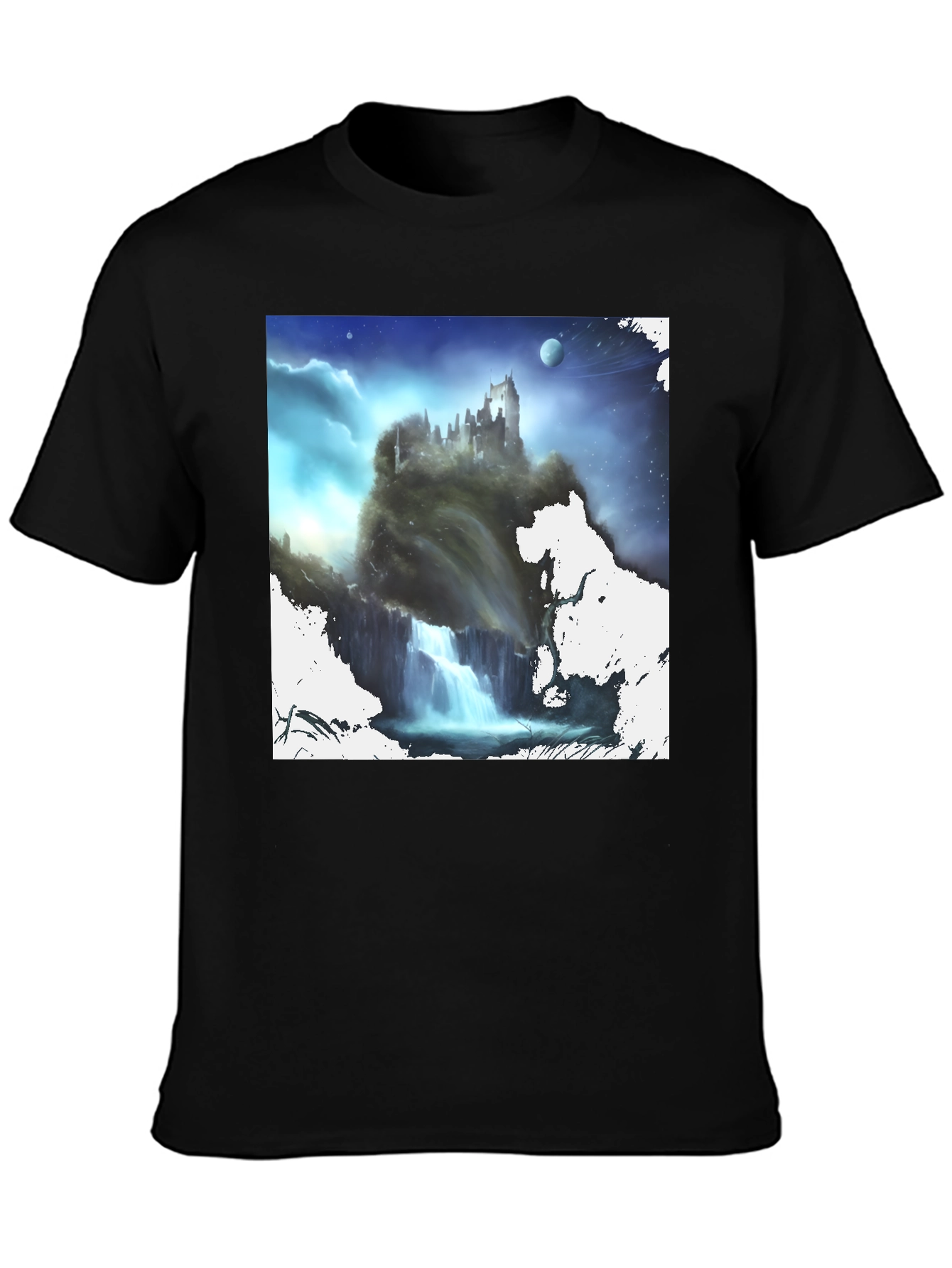 Black Fantasy Castle Waterfall Graphic Black T-Shirt view 3