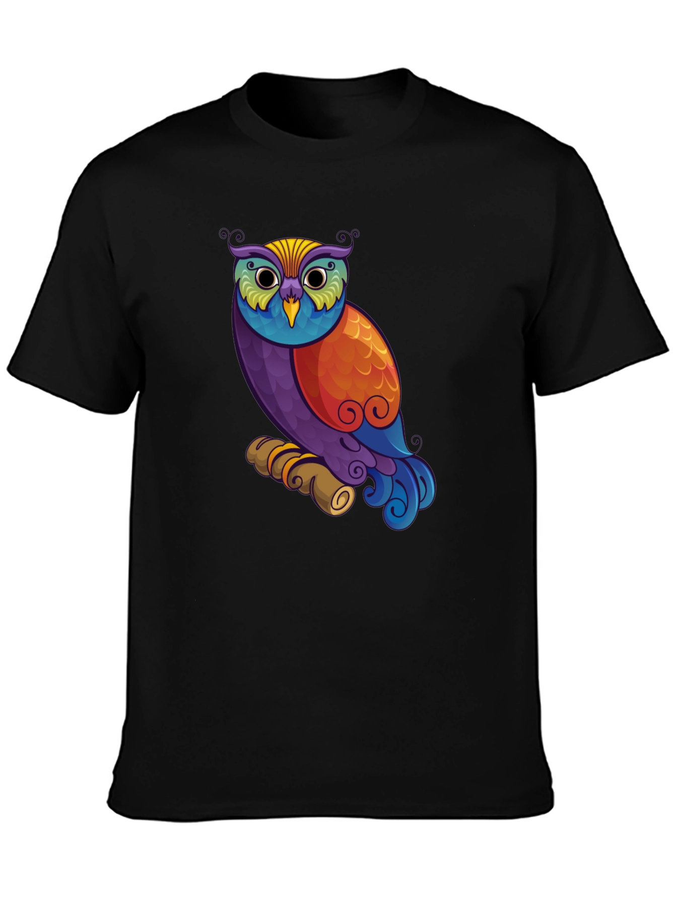 Black Colorful Owl Graphic Print Black T-Shirt view 3