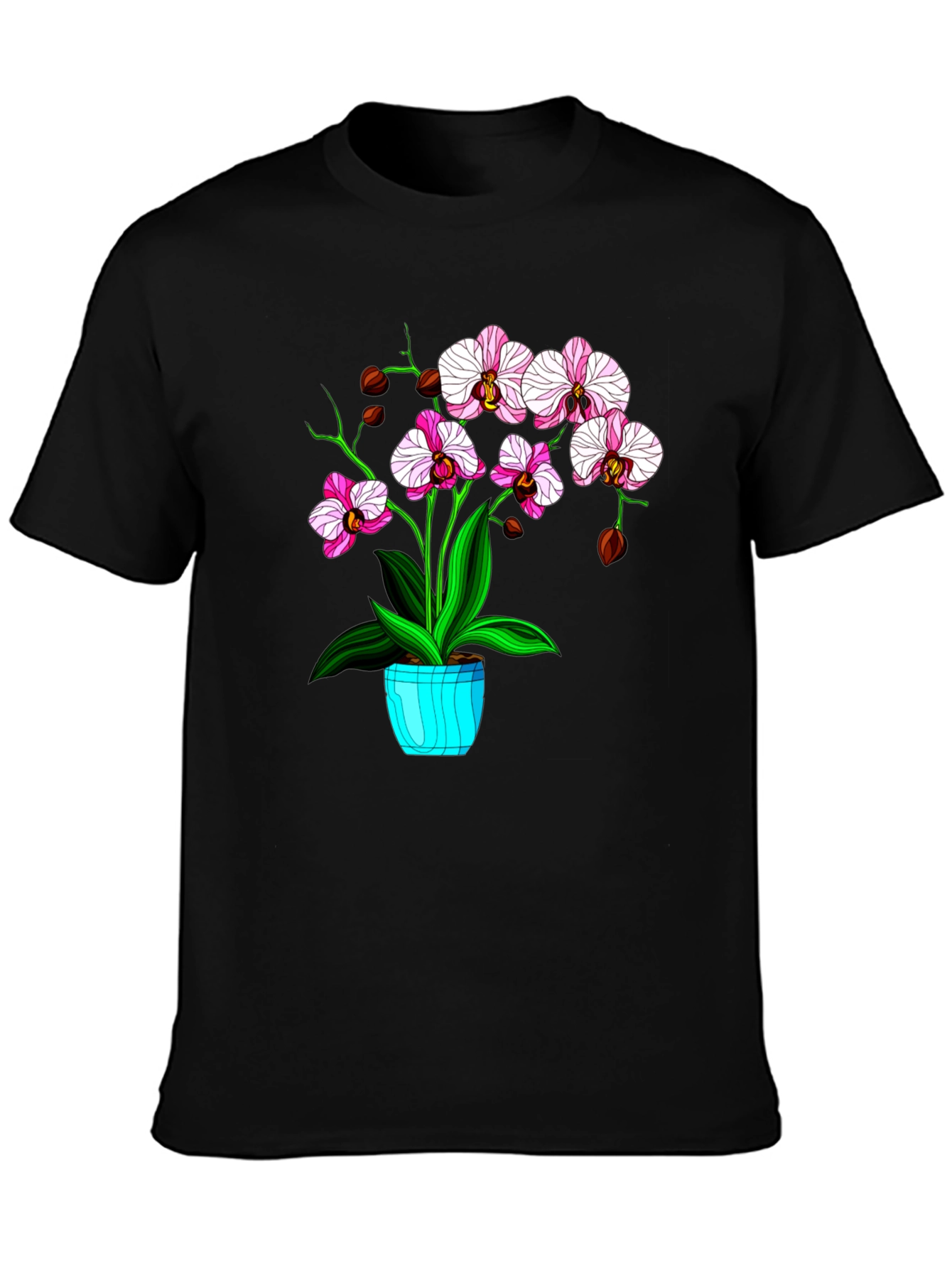 Black Floral T-Shirt with Orchid Plant Graphic view 3