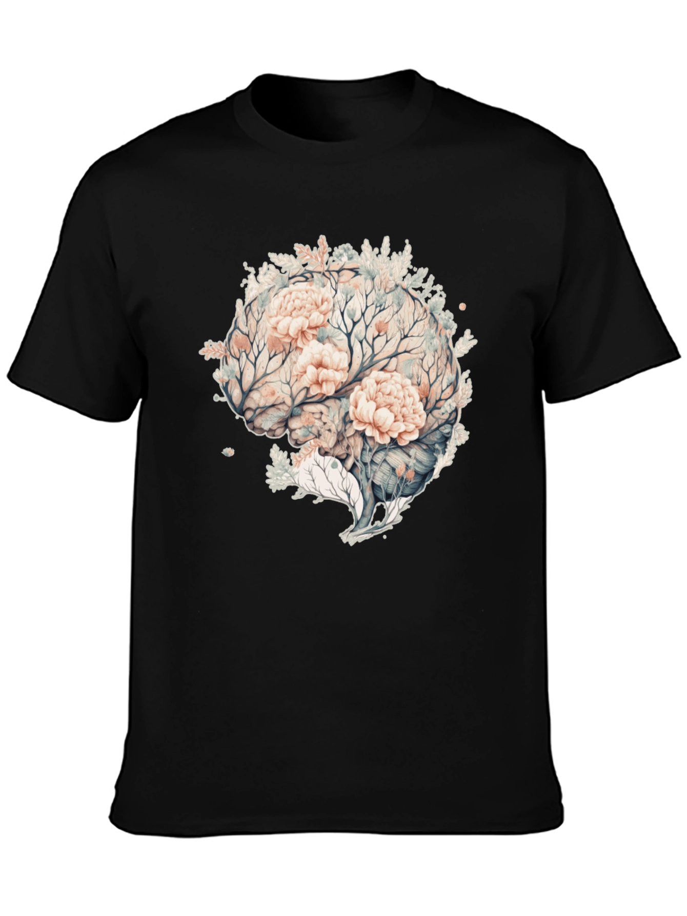 Black Floral Brain Graphic Tee - Unique Mens Black T-Shirt view 3
