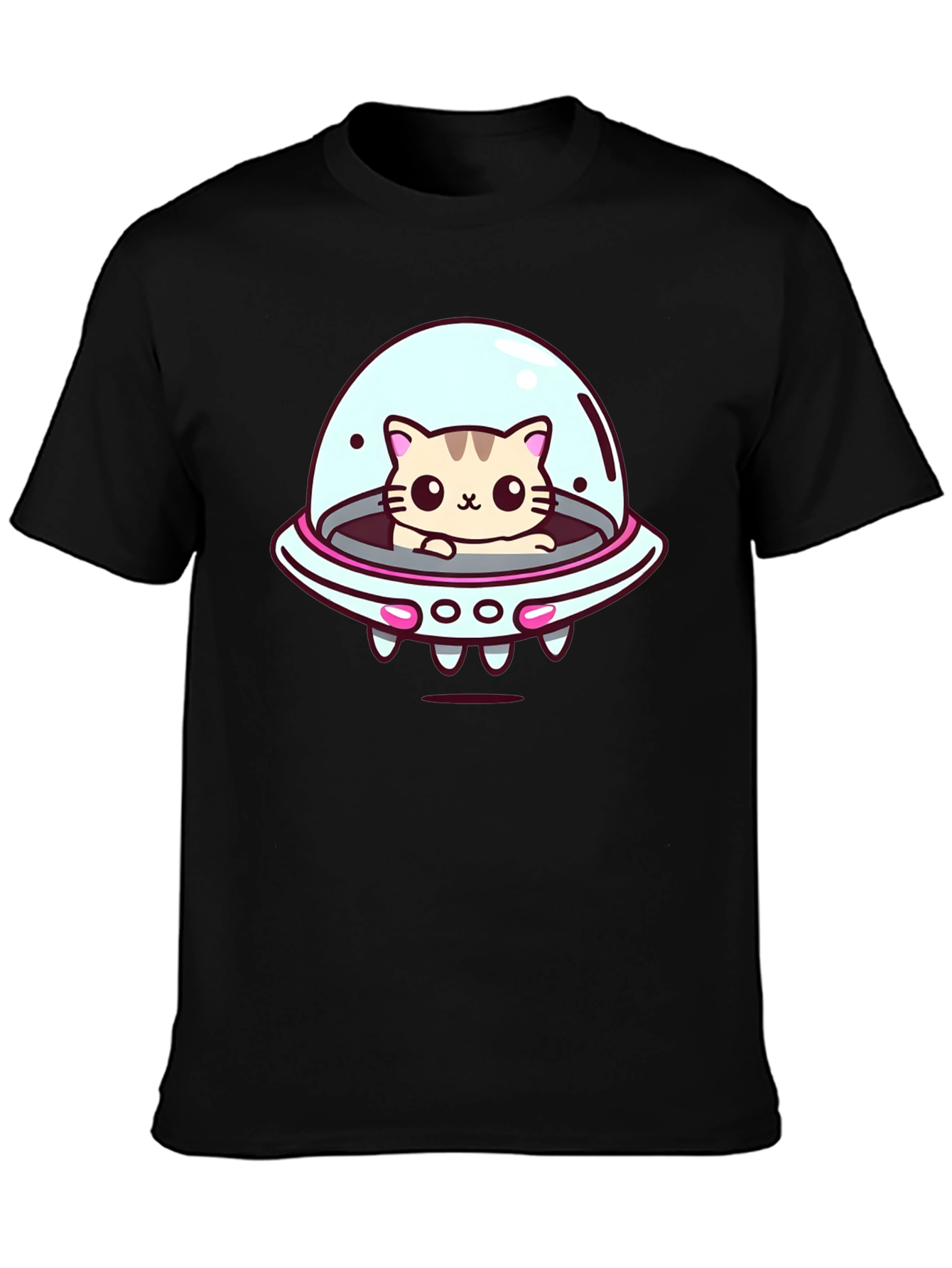 Black Cute Cat UFO Graphic T-Shirt - Black Cotton Tee view 3