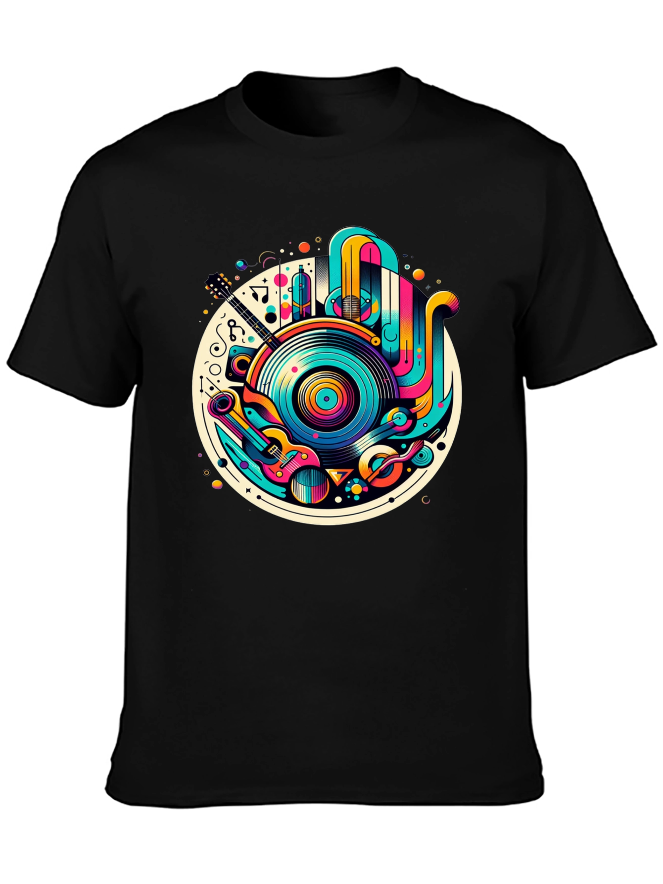 Black Retro Music Graphic T-Shirt - Colorful Vinyl Record Tee view 3