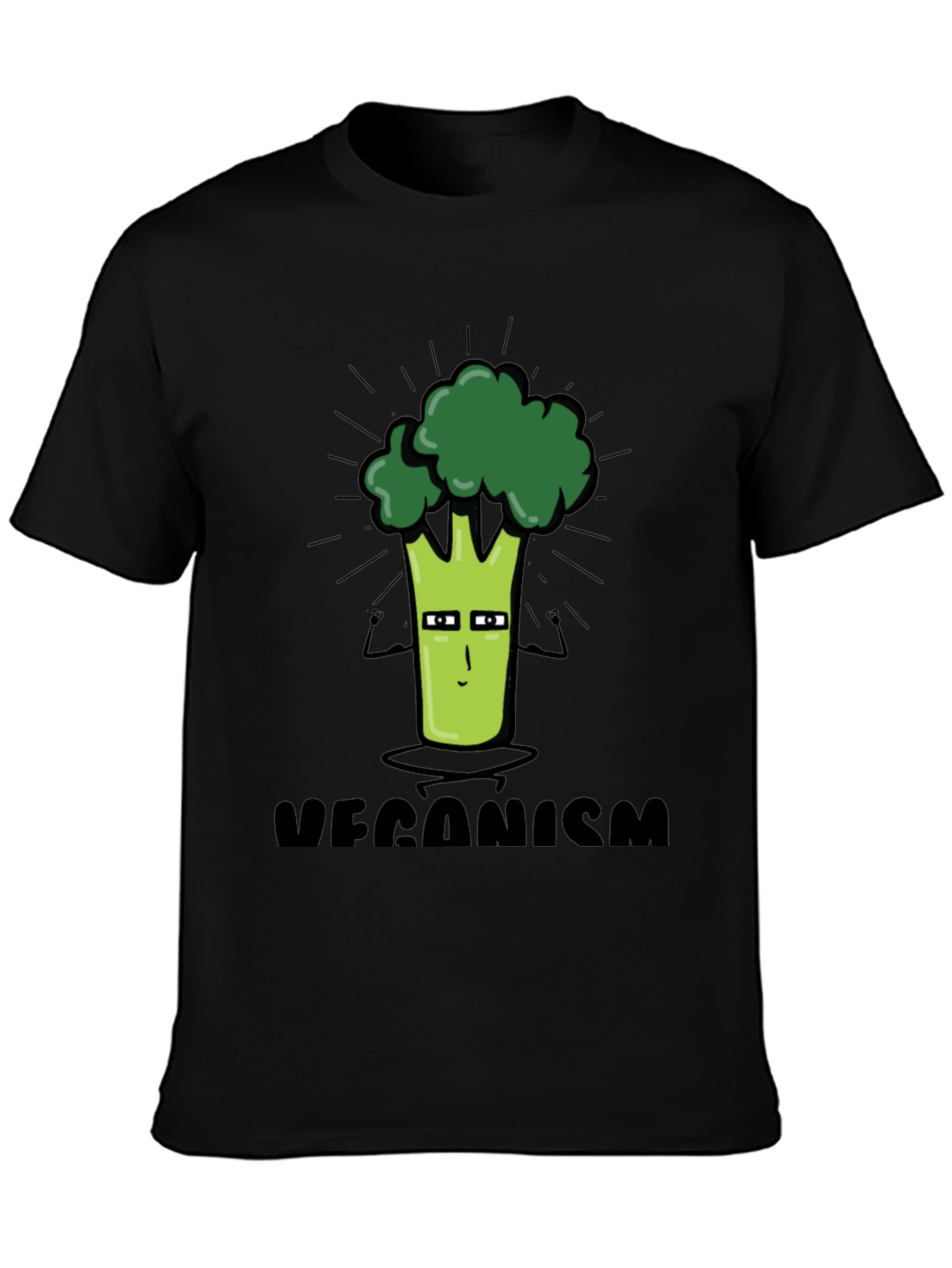 Black Veganism Cartoon Broccoli Black T-Shirt view 3
