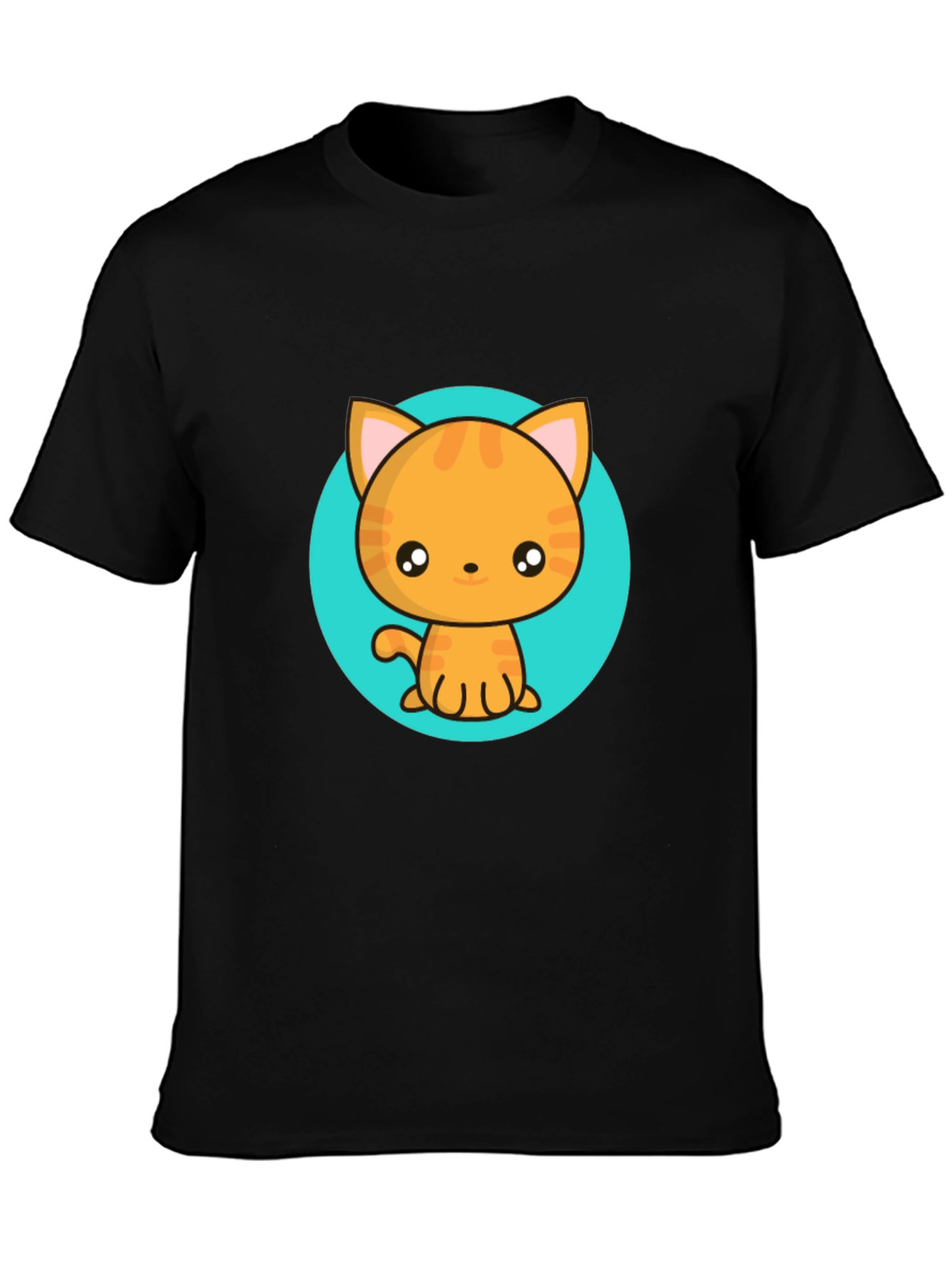 Black Cute Cartoon Cat T-Shirt - Black Crew Neck Tee view 3
