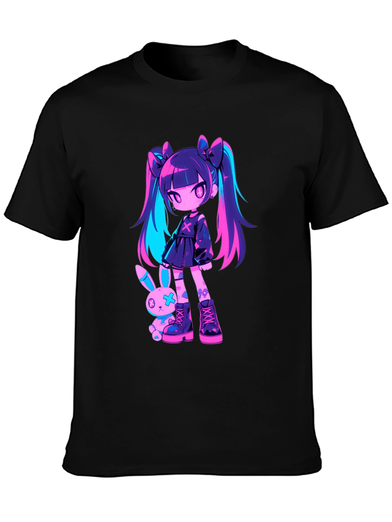 Black Anime Girl & Bunny Black T-Shirt view 3