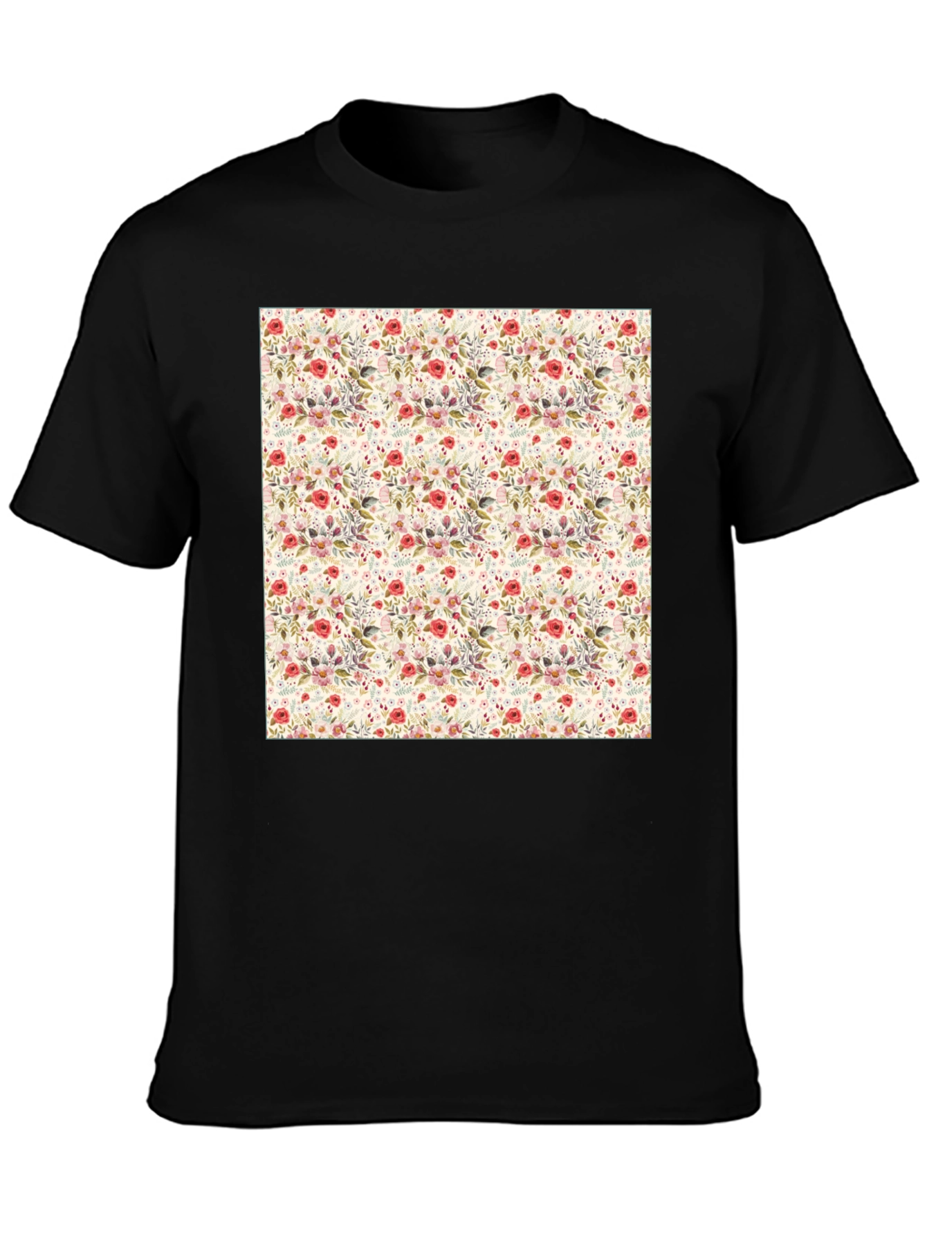 Black Floral Print Crew Neck Tee - Casual Style view 3