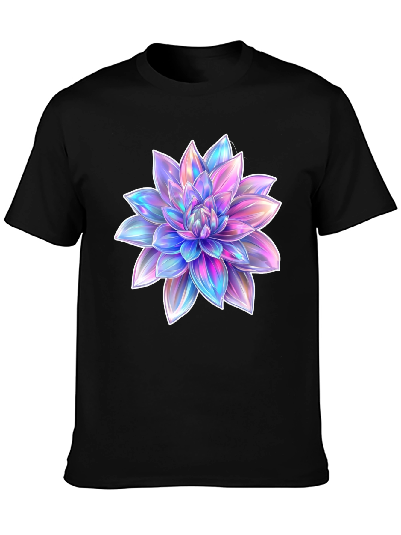 Black Men's Black T-Shirt with Holographic Flower Design view 3