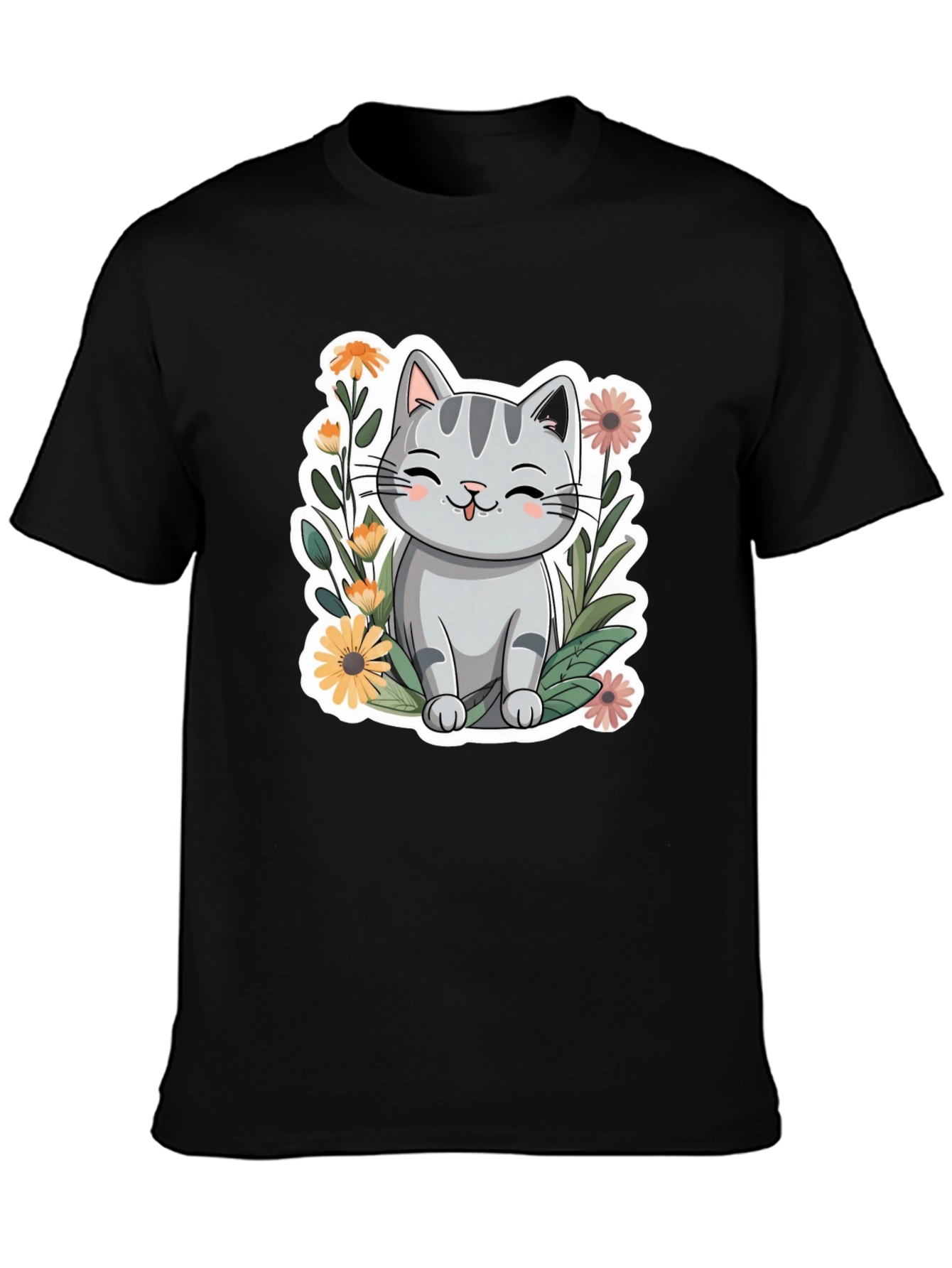 Black Cute Cat in Flowers Black T-Shirt view 3