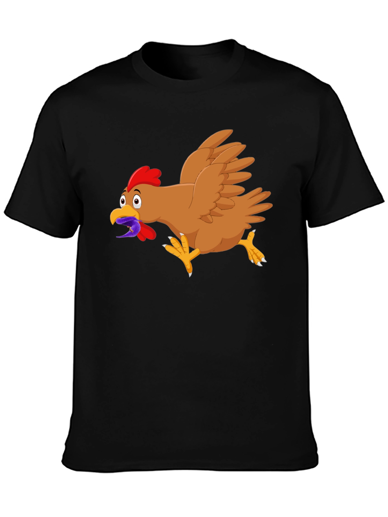 Black Funny Chicken Worm Cartoon Black T-Shirt view 3