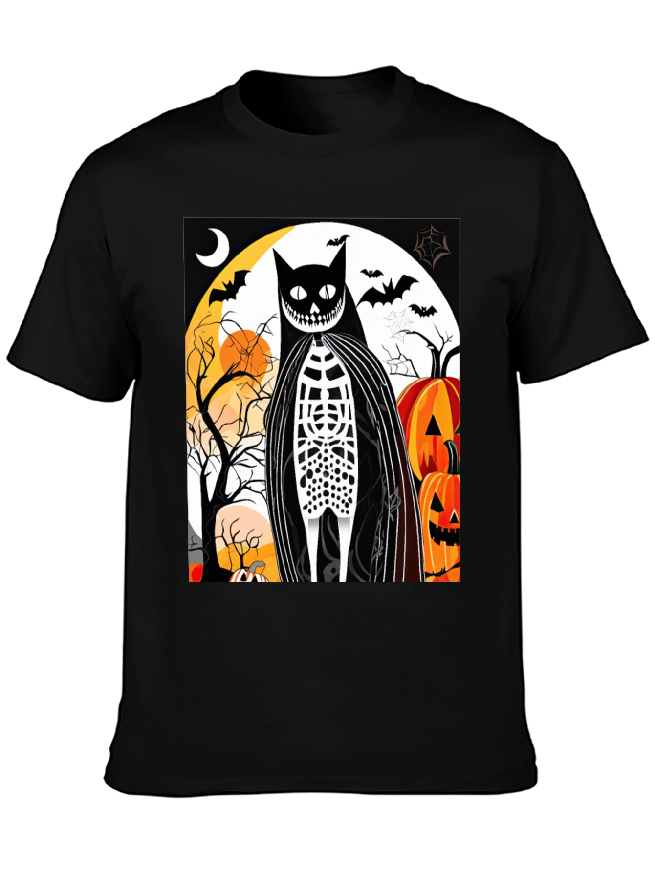 Black Halloween Cat Skeleton Graphic T-Shirt view 3