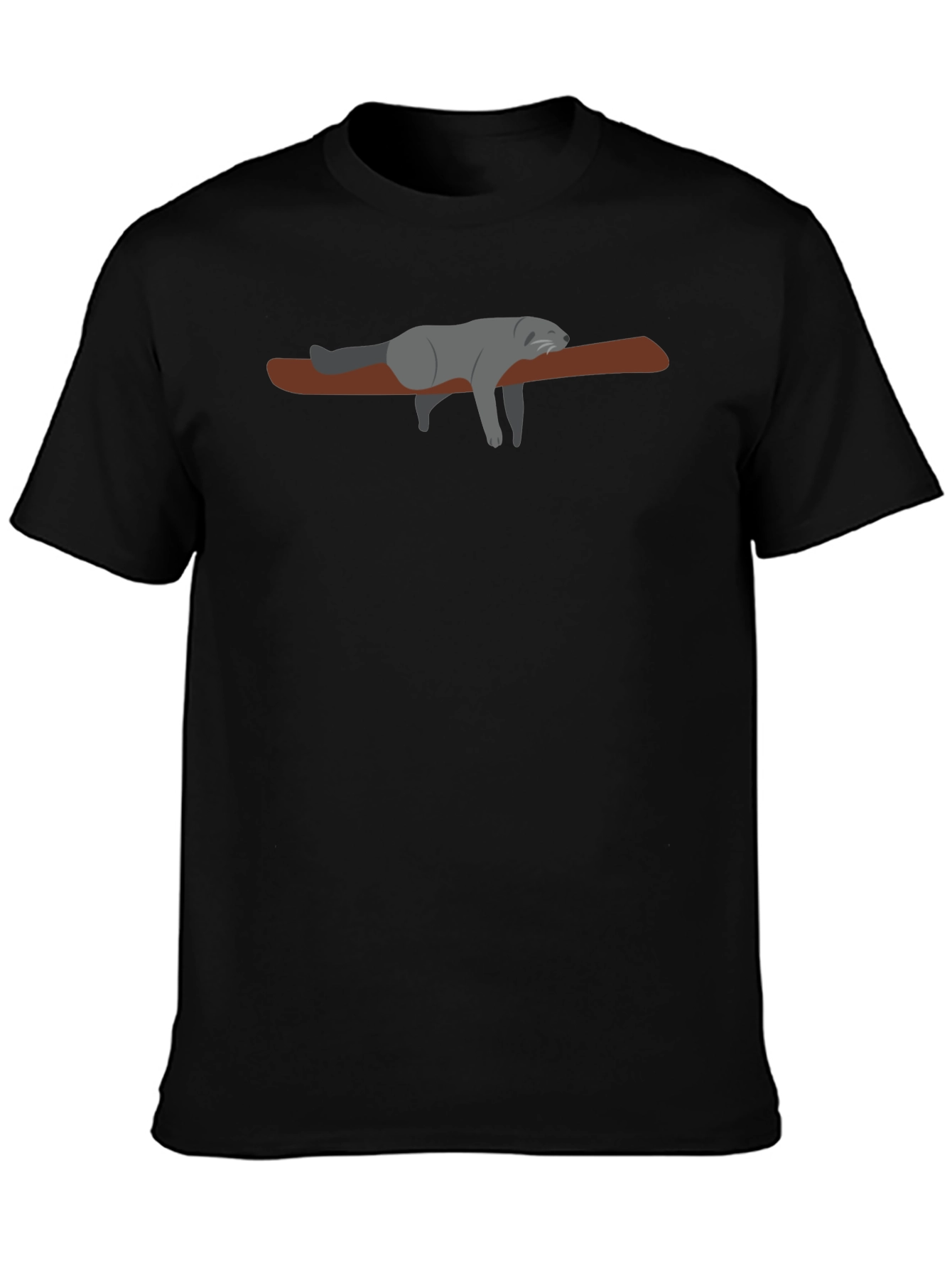 Black Lazy Raccoon on Branch - Black T-Shirt view 3