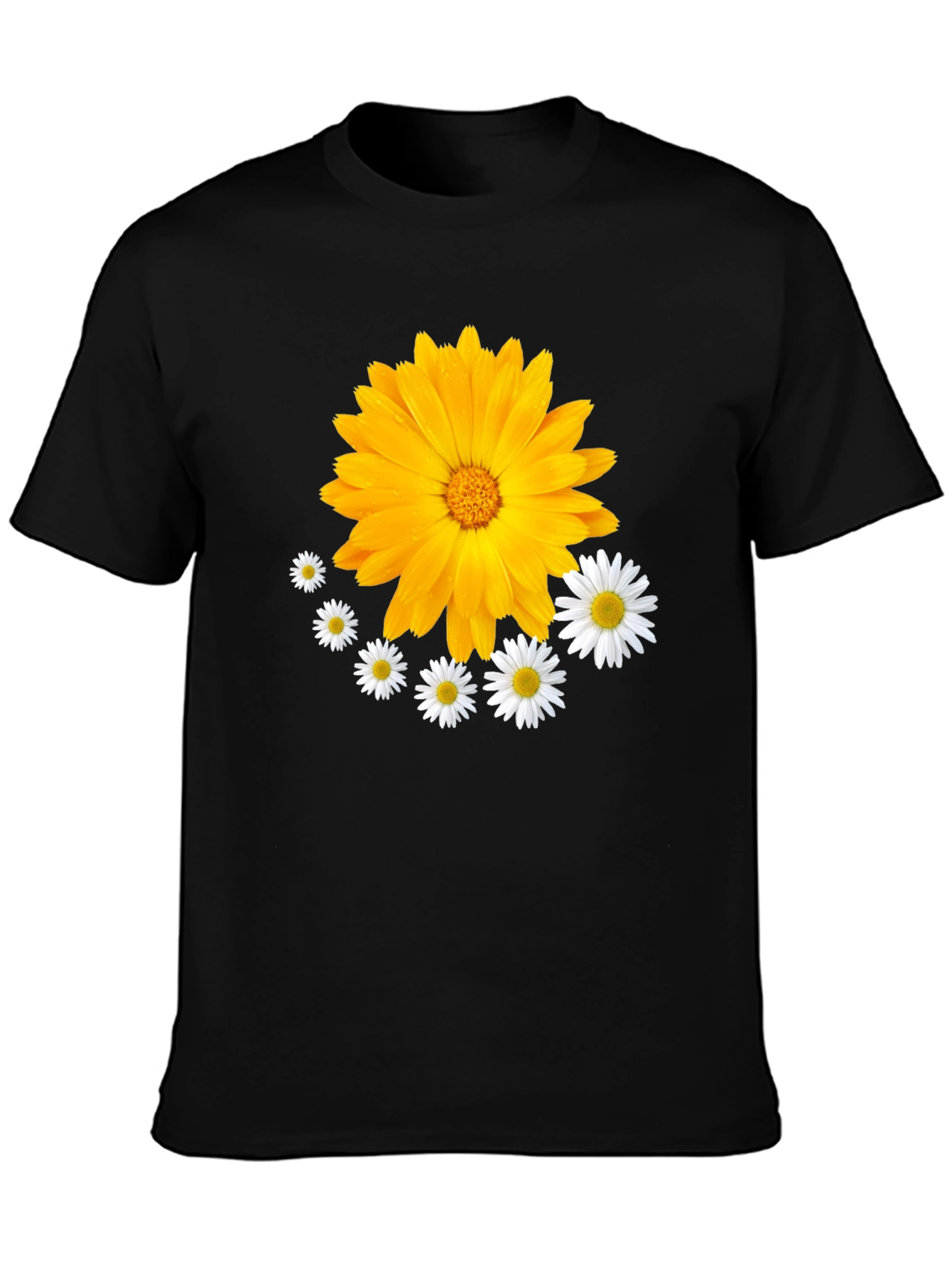 Black Floral T-Shirt: Calendula & Daisy Design view 3