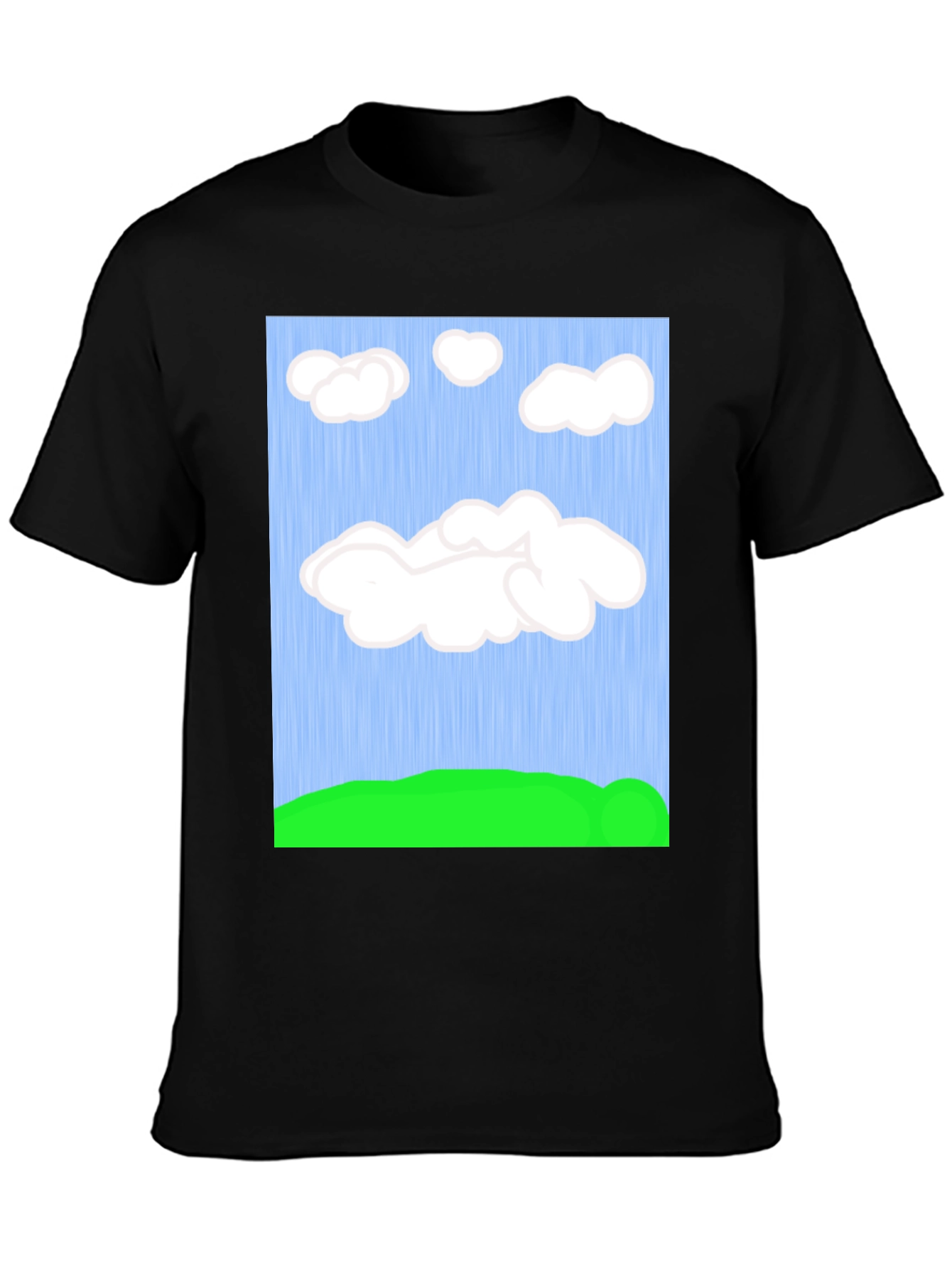 Black Cartoon Clouds T-Shirt - Sky & Green Field Design view 3