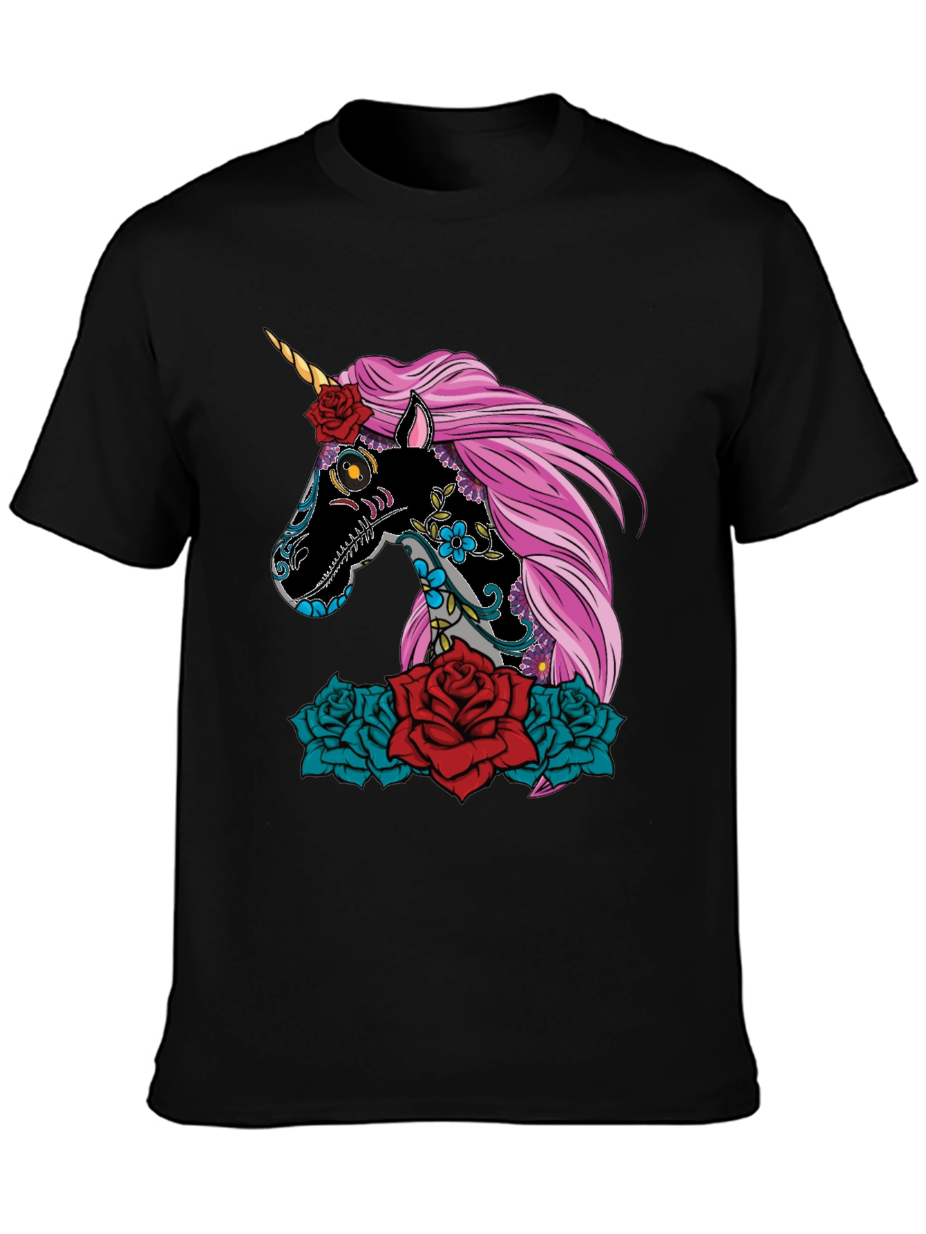 Black Sugar Skull Unicorn Rose T-Shirt view 3