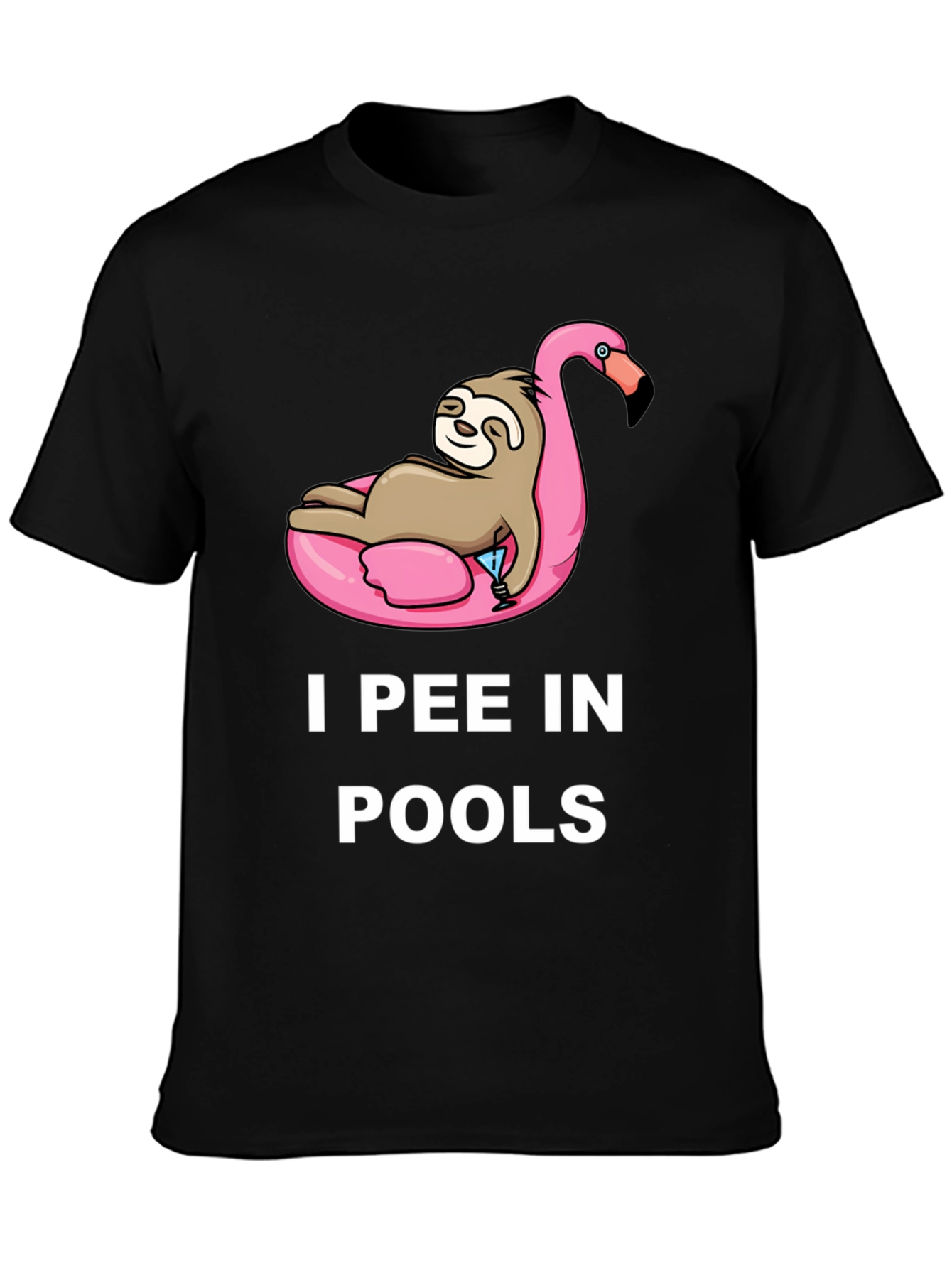 Black Sloth on Flamingo Pool Float T-Shirt - I Pee in Pools view 3