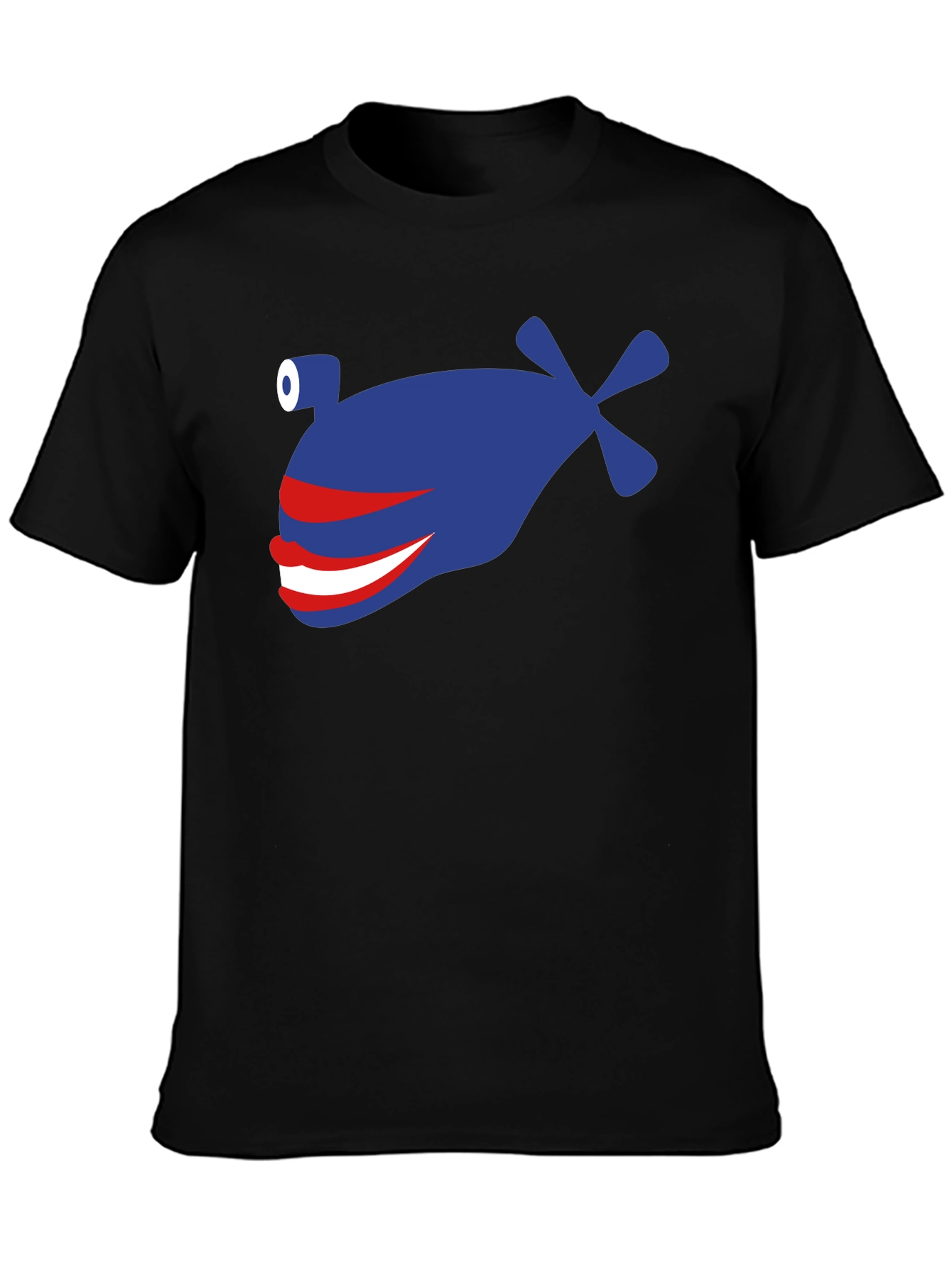 Black Funny Blue Fish Graphic T-Shirt - Crew Neck, Short Sleeve view 3