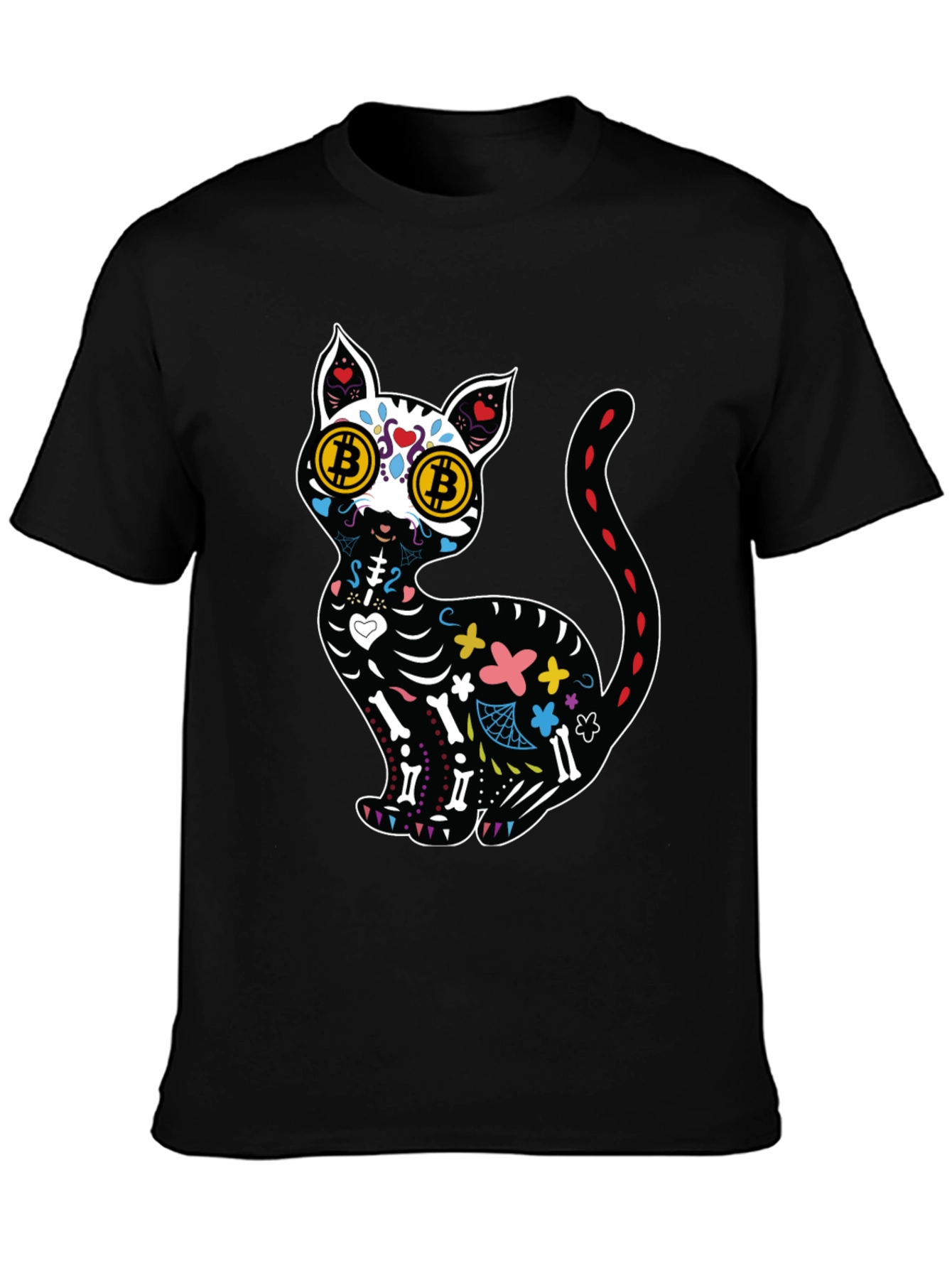 Black Bitcoin Cat Sugar Skull T-Shirt view 3