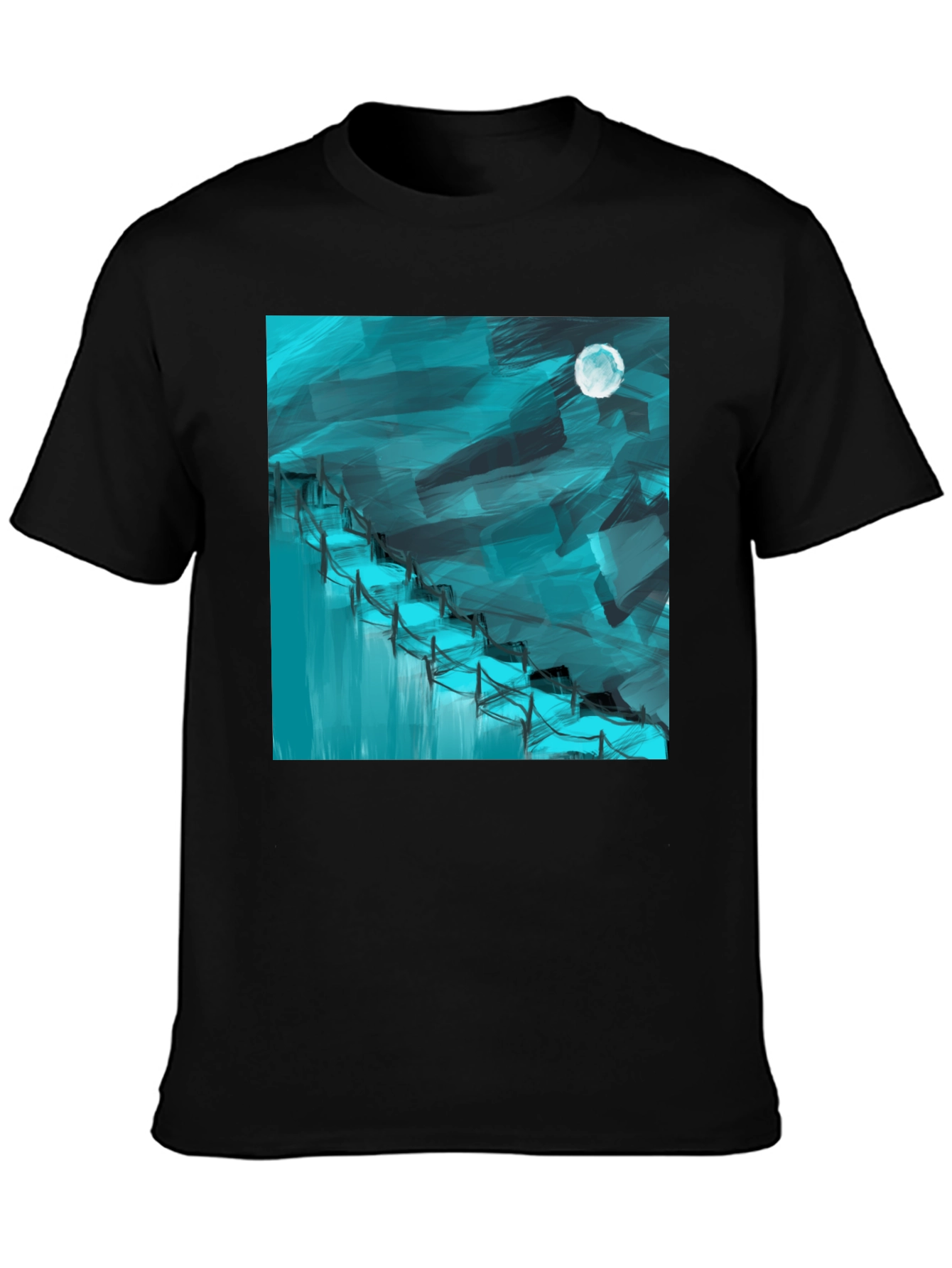 Black Abstract Moonlit Waterfall Graphic Tee - Black Cotton Blend view 3