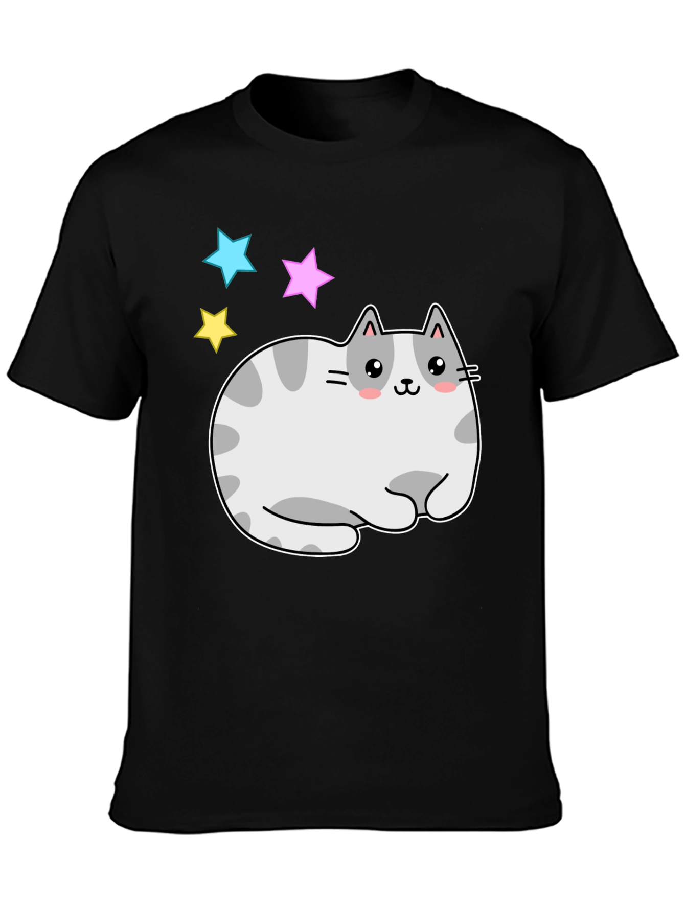Black Cute Kawaii Cat Stars Graphic T-Shirt view 3