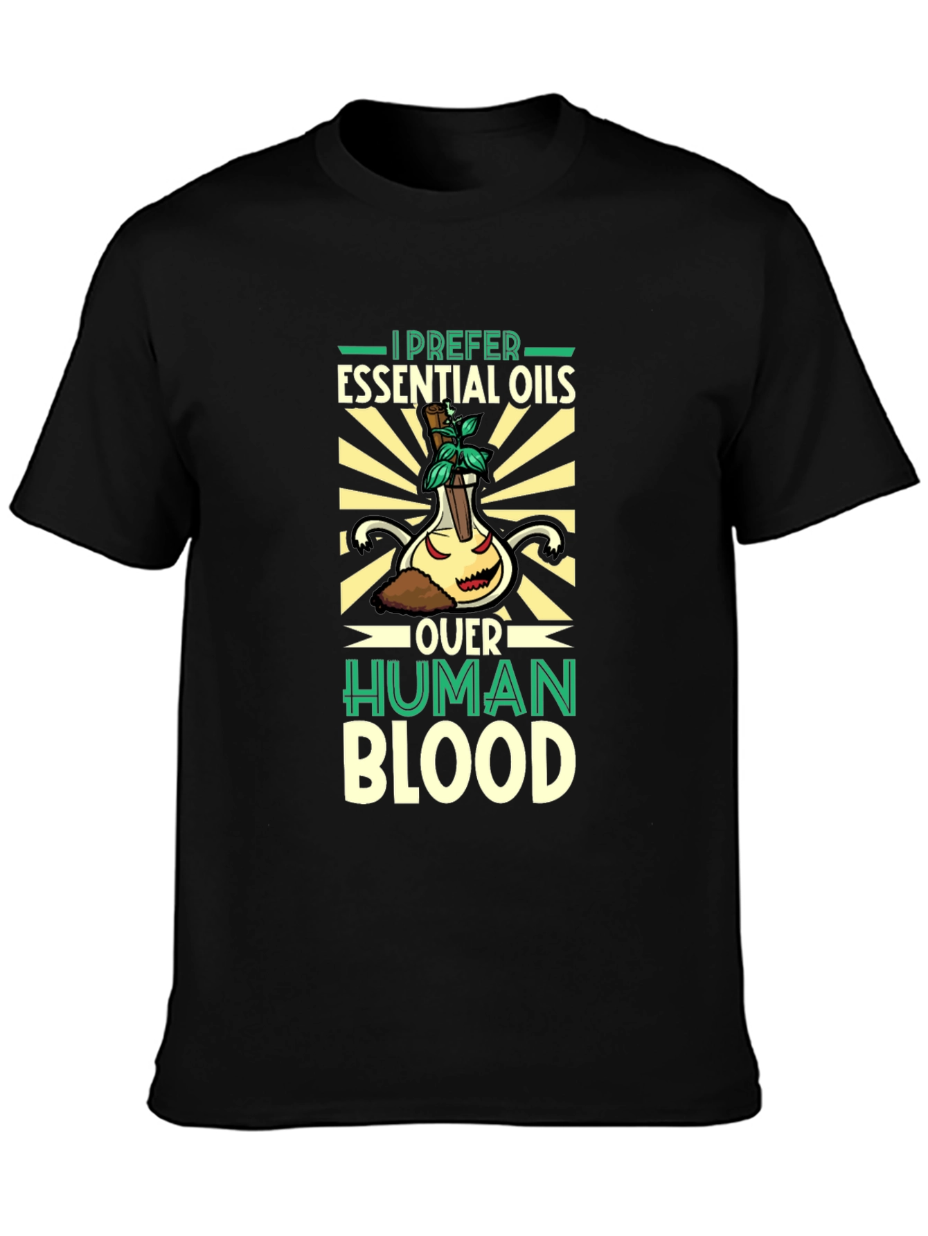 Black Essential Oils Over Human Blood T-Shirt view 3