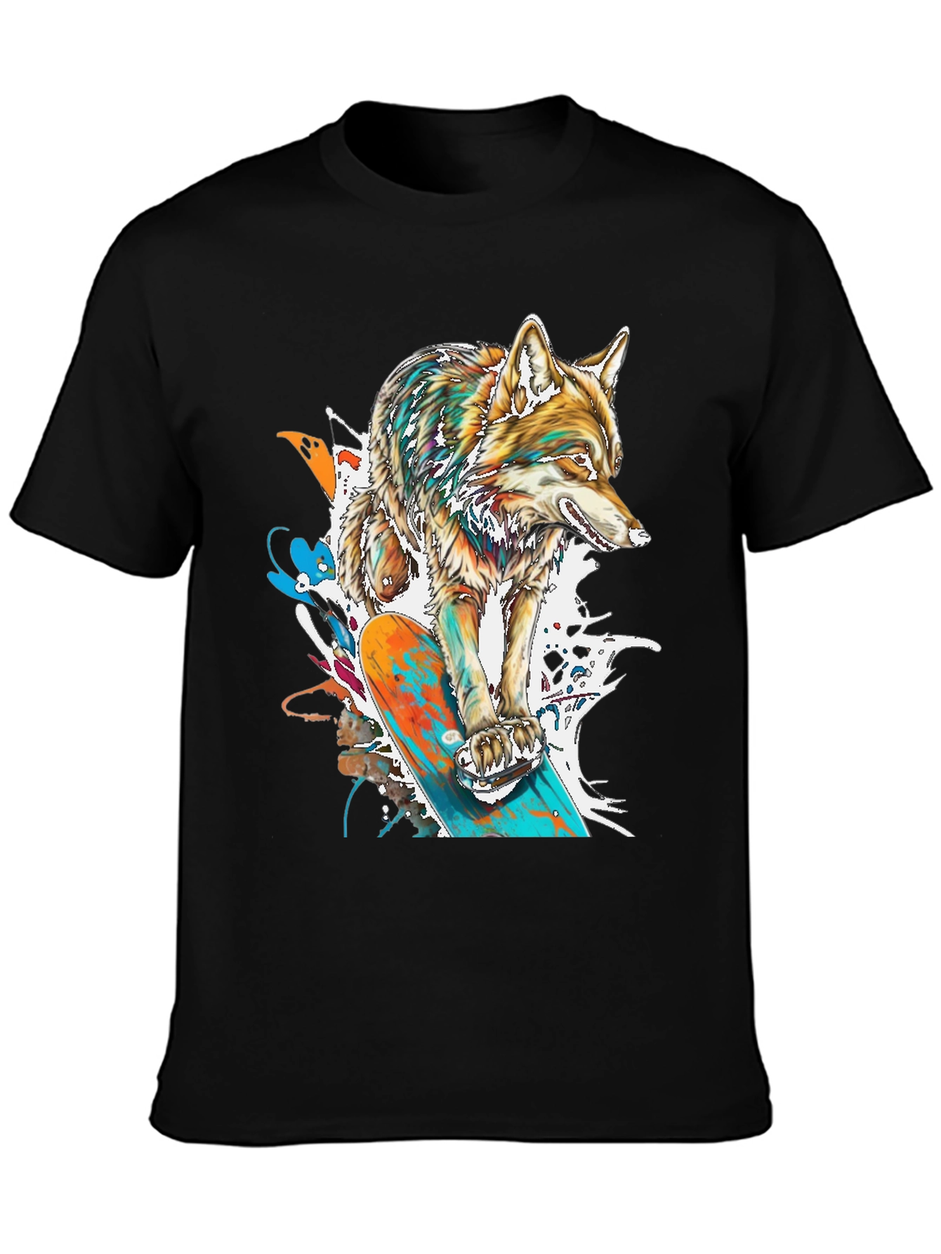 Black Skateboarding Wolf Graphic T-Shirt - Cool Animal Tee view 3