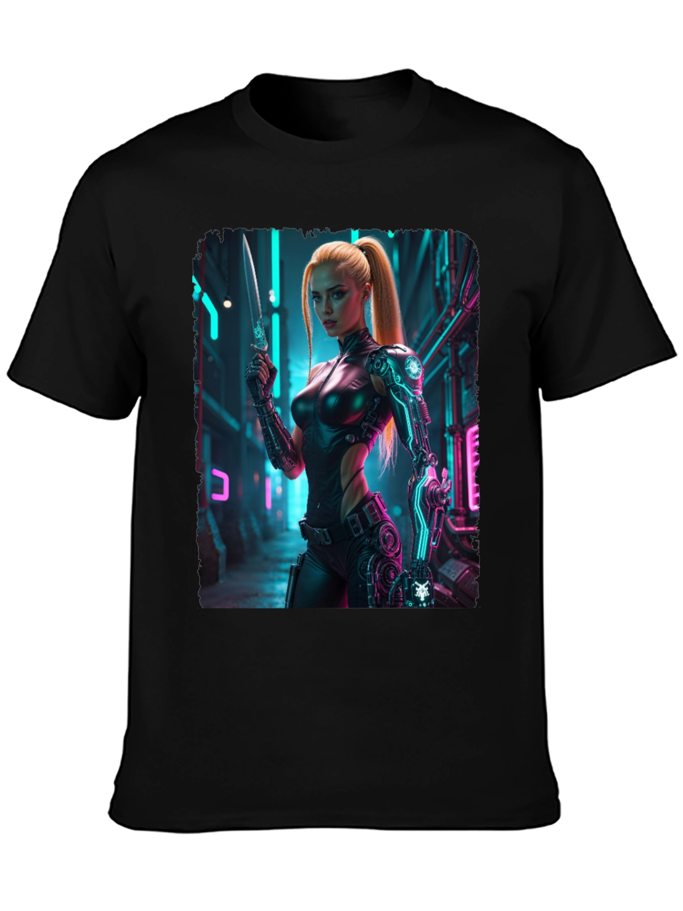 Black Cyberpunk Girl T-Shirt - Sci-Fi Warrior Tee view 3