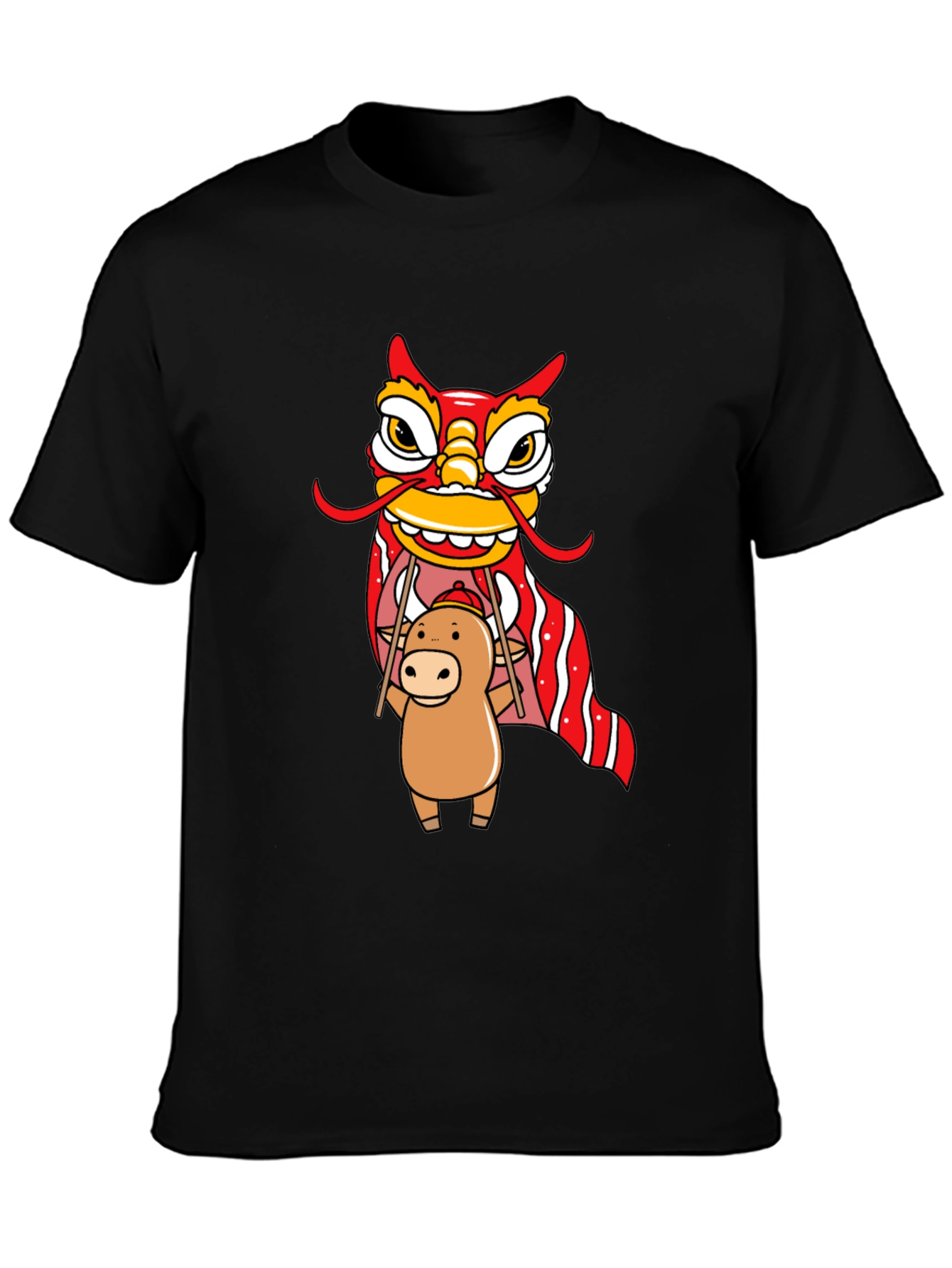 Black Cute Ox & Lion Dance Graphic T-Shirt view 3