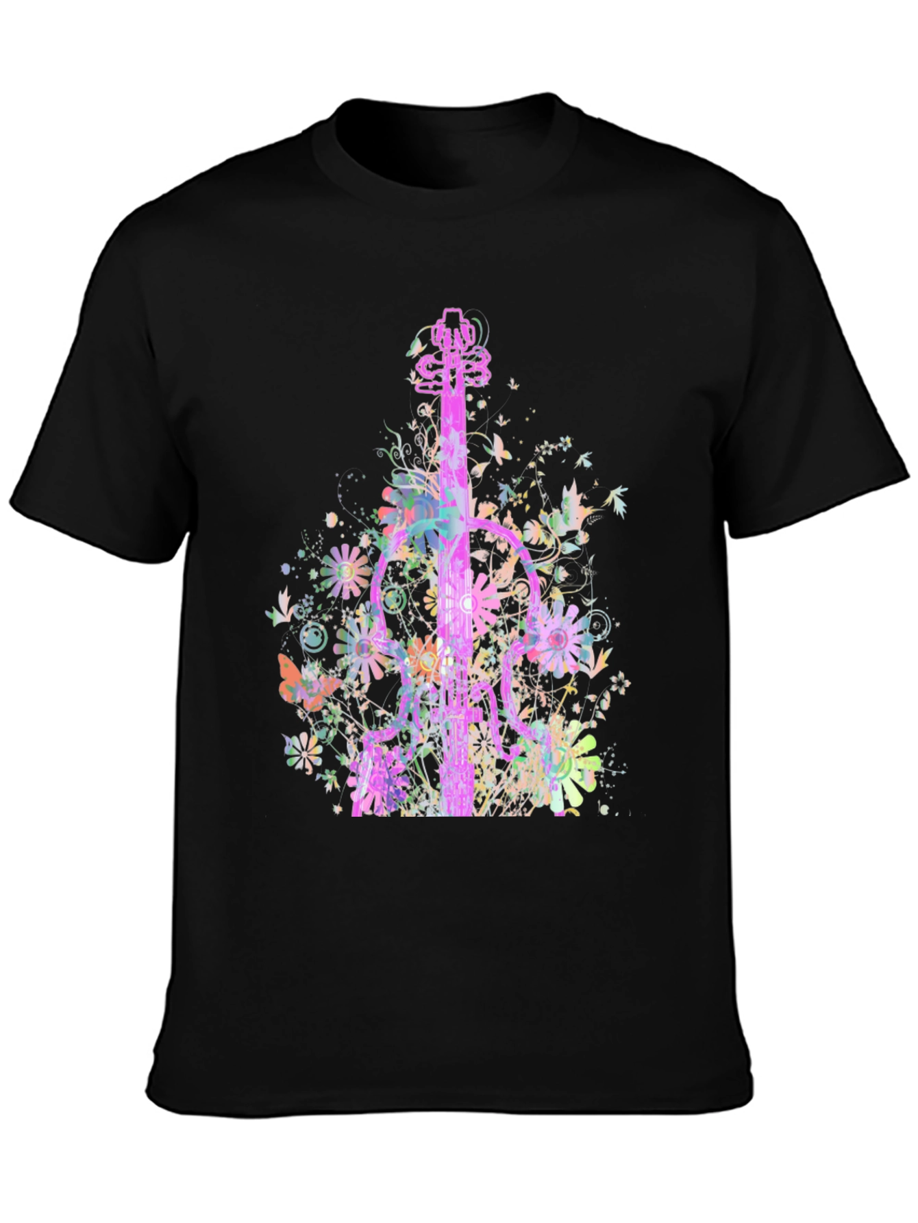 Black Floral Guitar Graphic T-Shirt view 3