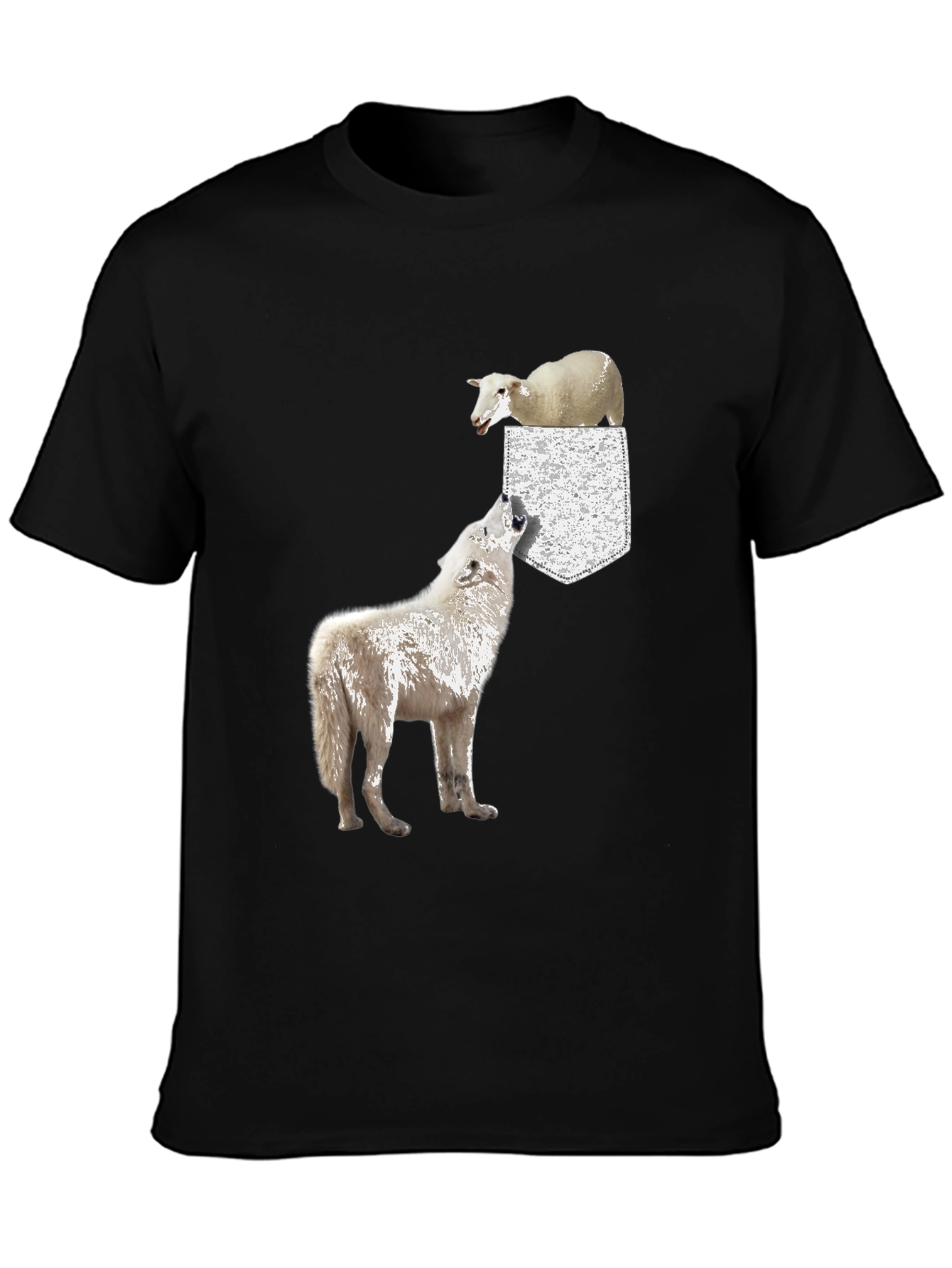 Black Wolf and Sheep Pocket T-Shirt - Unique Graphic Tee view 3