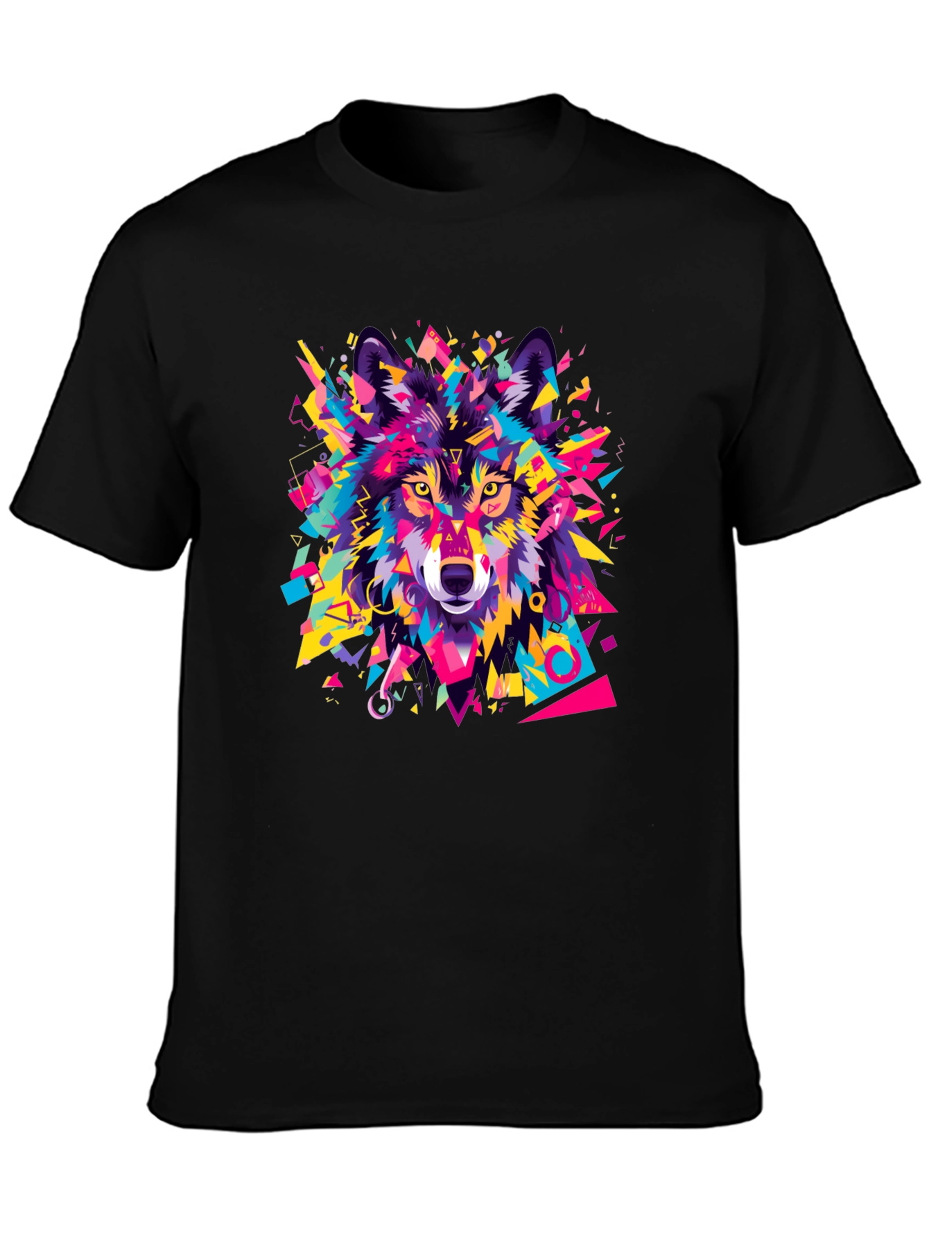 Black Geometric Wolf Graphic Black T-Shirt view 3