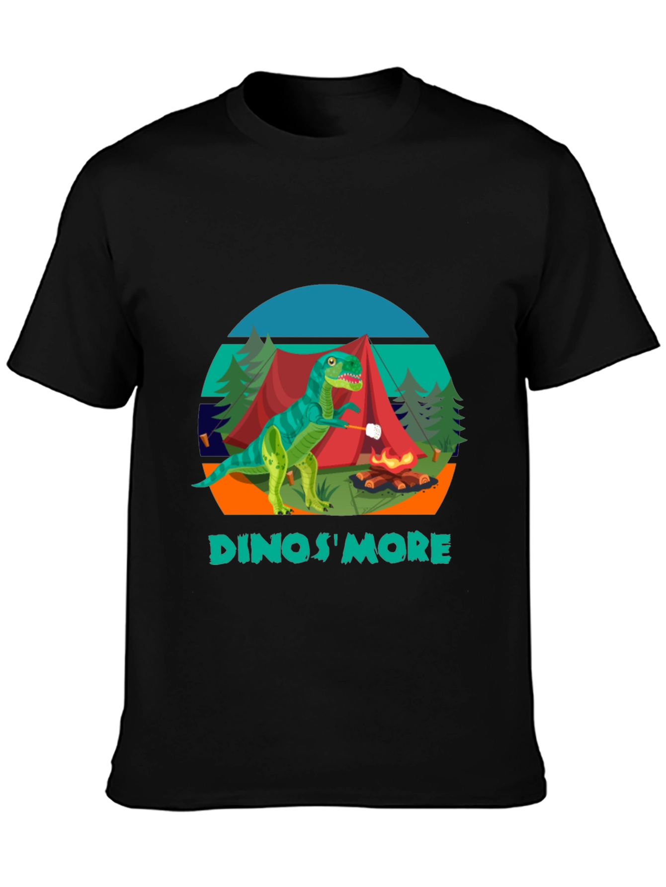 Black Dinos'More Black T-Shirt - Camping Dinosaur view 3
