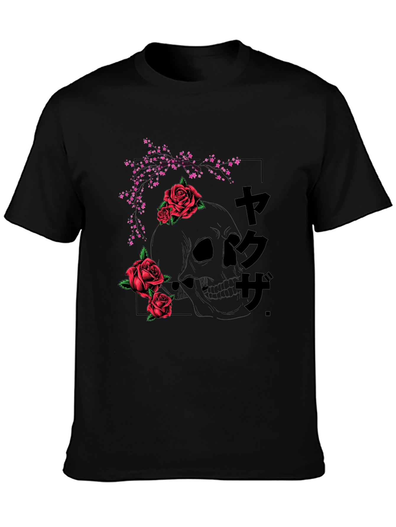 Black Skull & Roses Graphic Tee - Black Japanese Style T-Shirt view 3