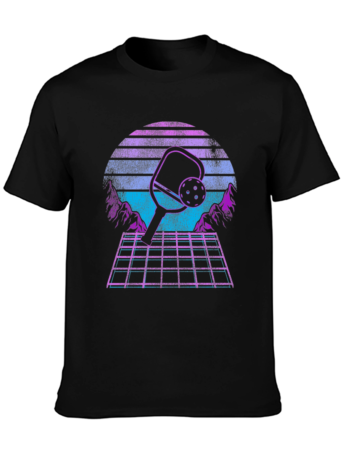 Black Retro Pickleball T-Shirt - Vaporwave Paddle Design view 3