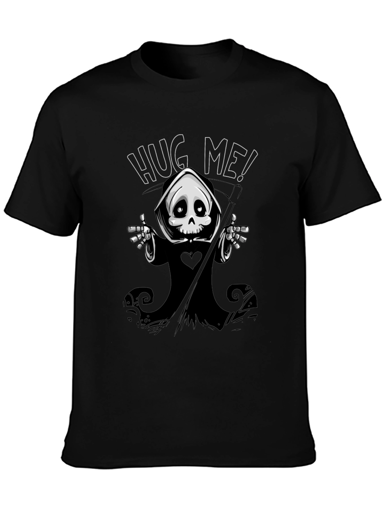 Black Hug Me! Grim Reaper Graphic Black T-Shirt view 3