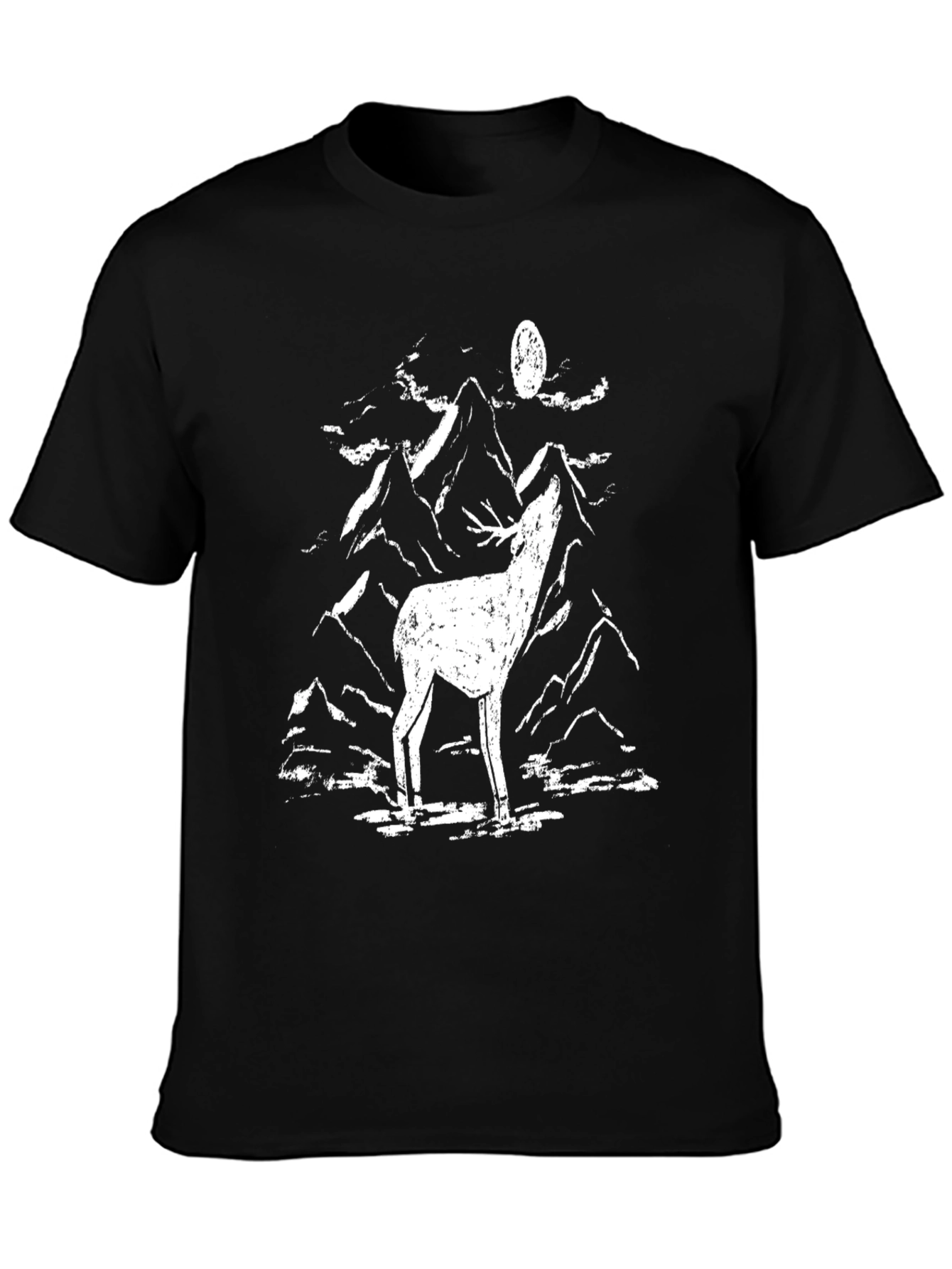 Black Men's Black Graphic Tee - Deer Howling at Moon Design view 3