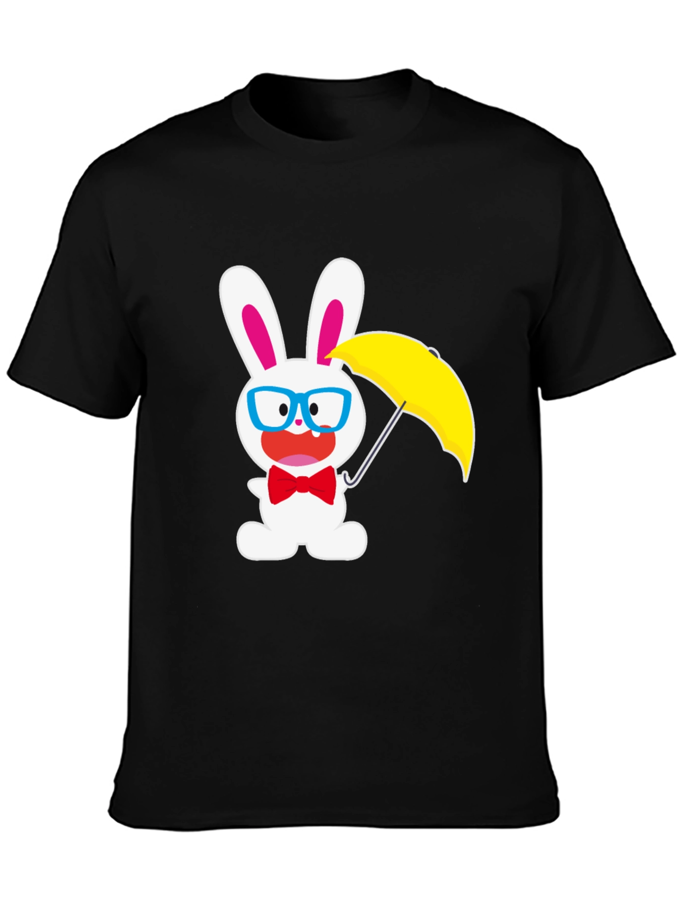 Black Funny Bunny T-Shirt: White Rabbit with Glasses & Umbrella view 3