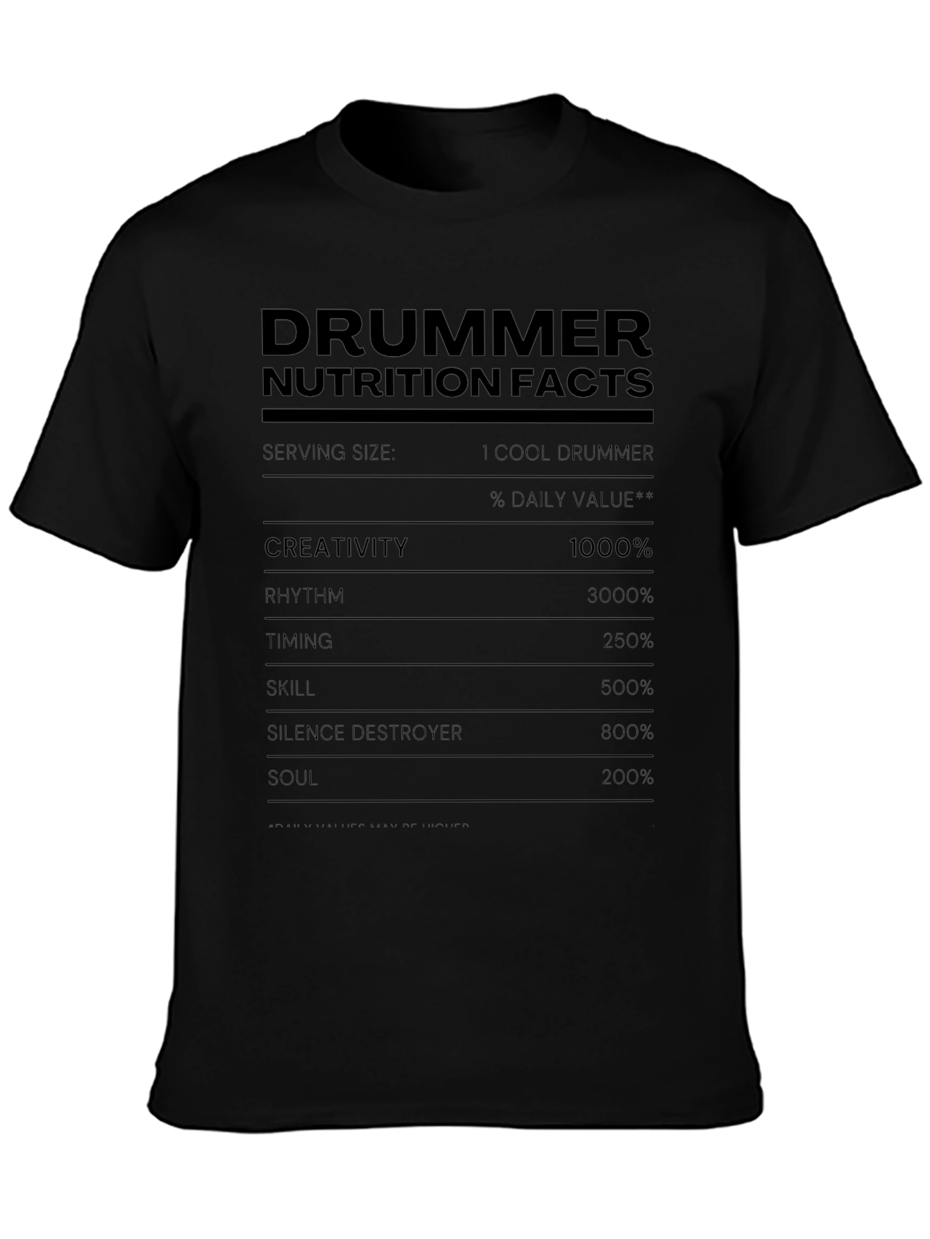 Black Drummer Nutrition Facts T-Shirt Funny Music Tee view 3