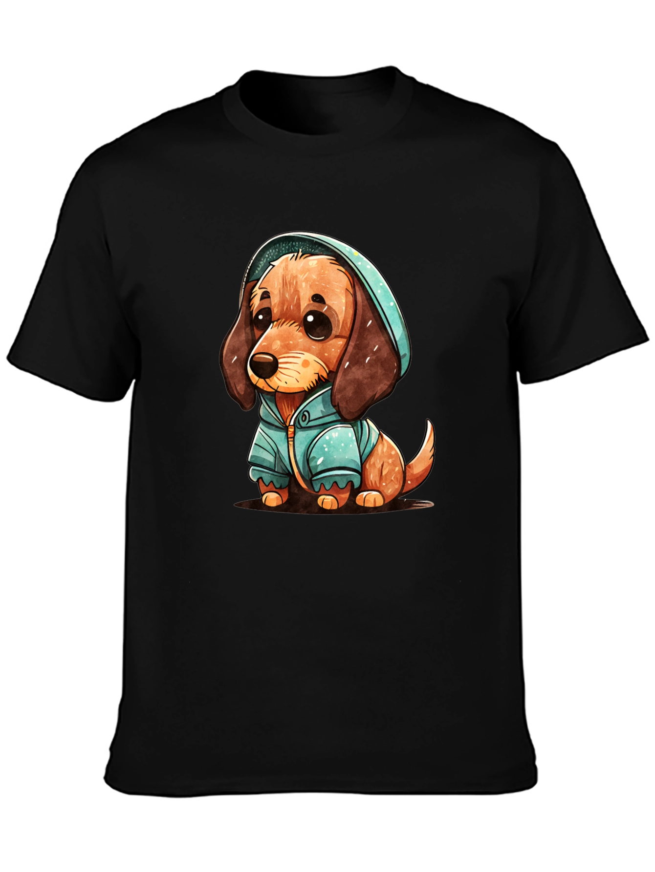Black Cute Dachshund Puppy in Hoodie T-Shirt view 3