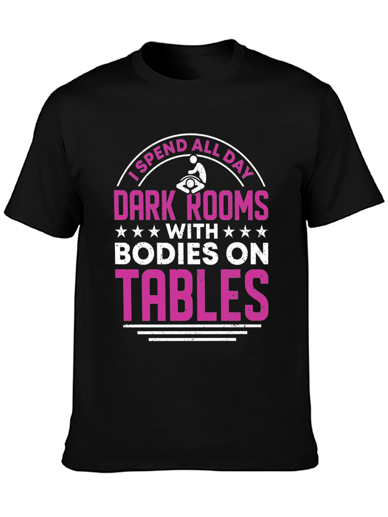 Black Massage Therapist T-Shirt - Dark Rooms, Bodies On Tables view 3