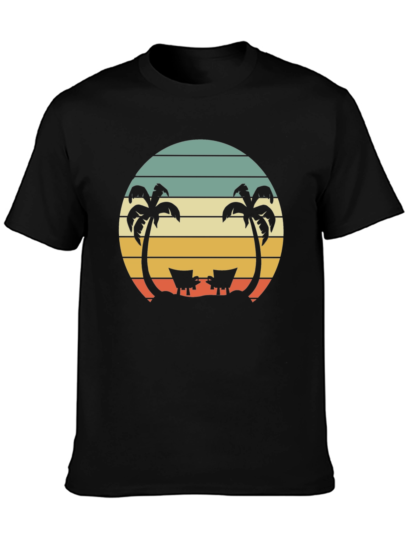Black Retro Beach Sunset T-Shirt - Palm Trees & Deck Chairs view 3