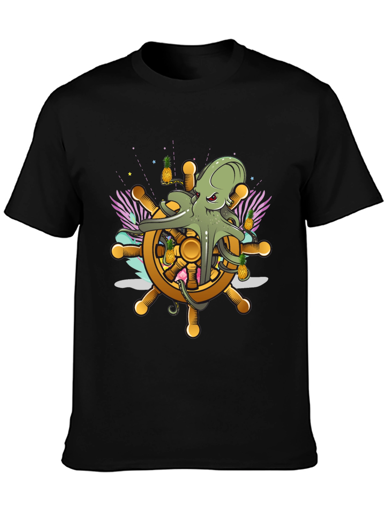 Black Octopus Ship Wheel Graphic Tee - Nautical T-Shirt view 3