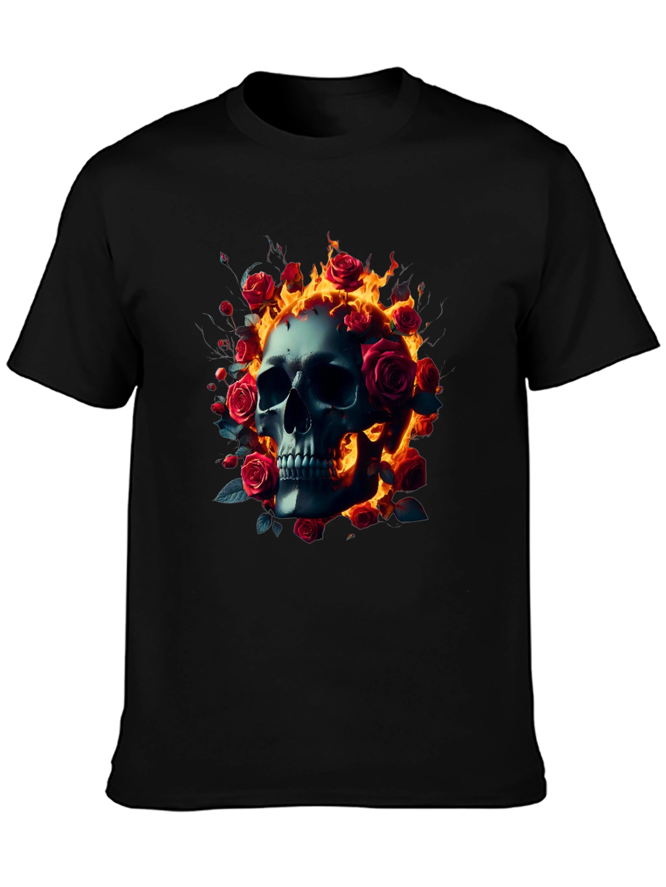 Black Skull Roses Flames T-Shirt - Dark Gothic Tee view 3