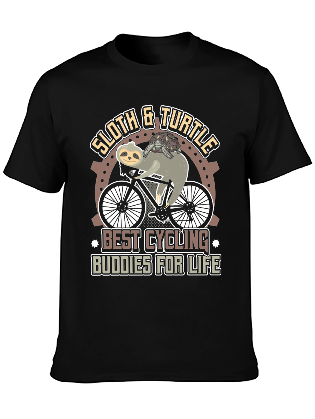 Black Sloth & Turtle Cycling Buddies T-Shirt view 3