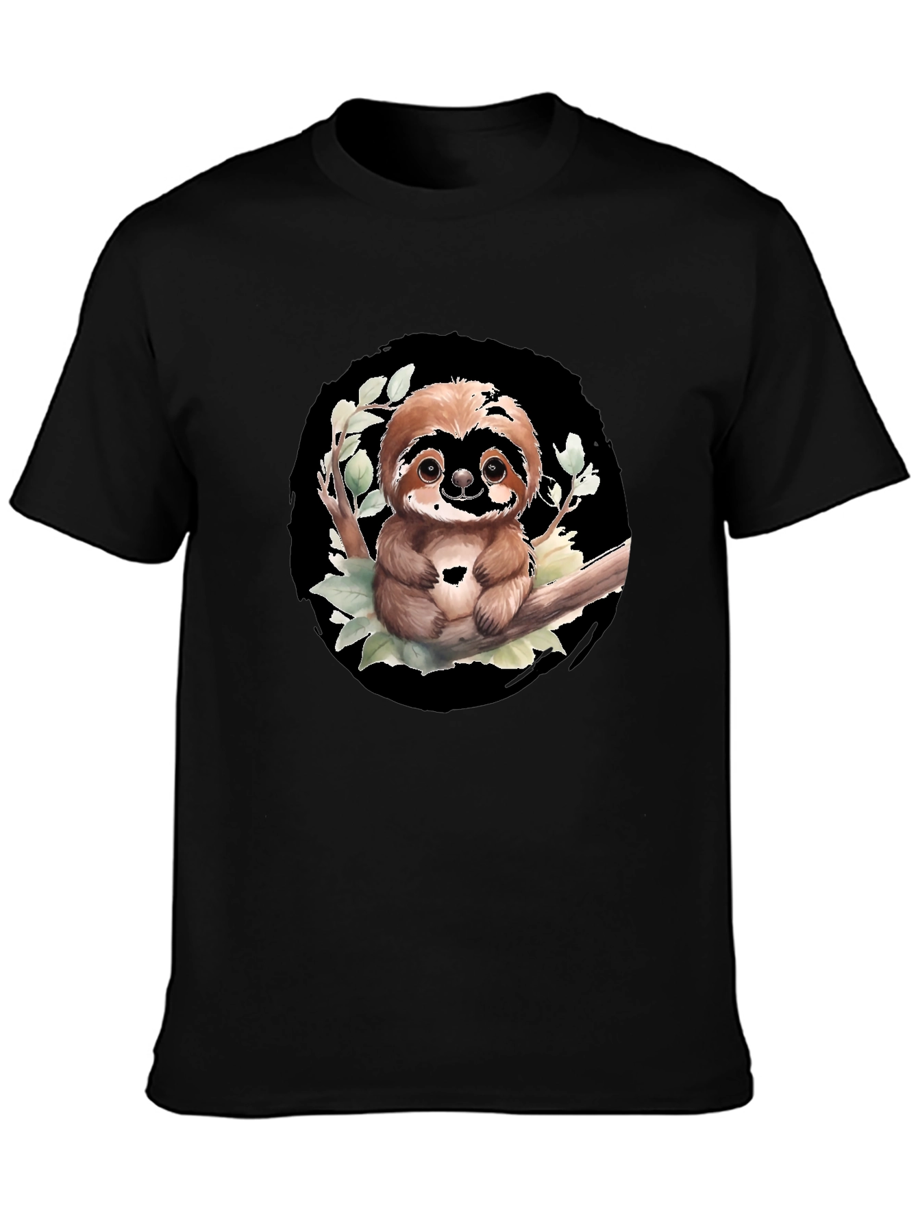 Black Cute Sloth on Branch Graphic Tee - Black T-Shirt view 3