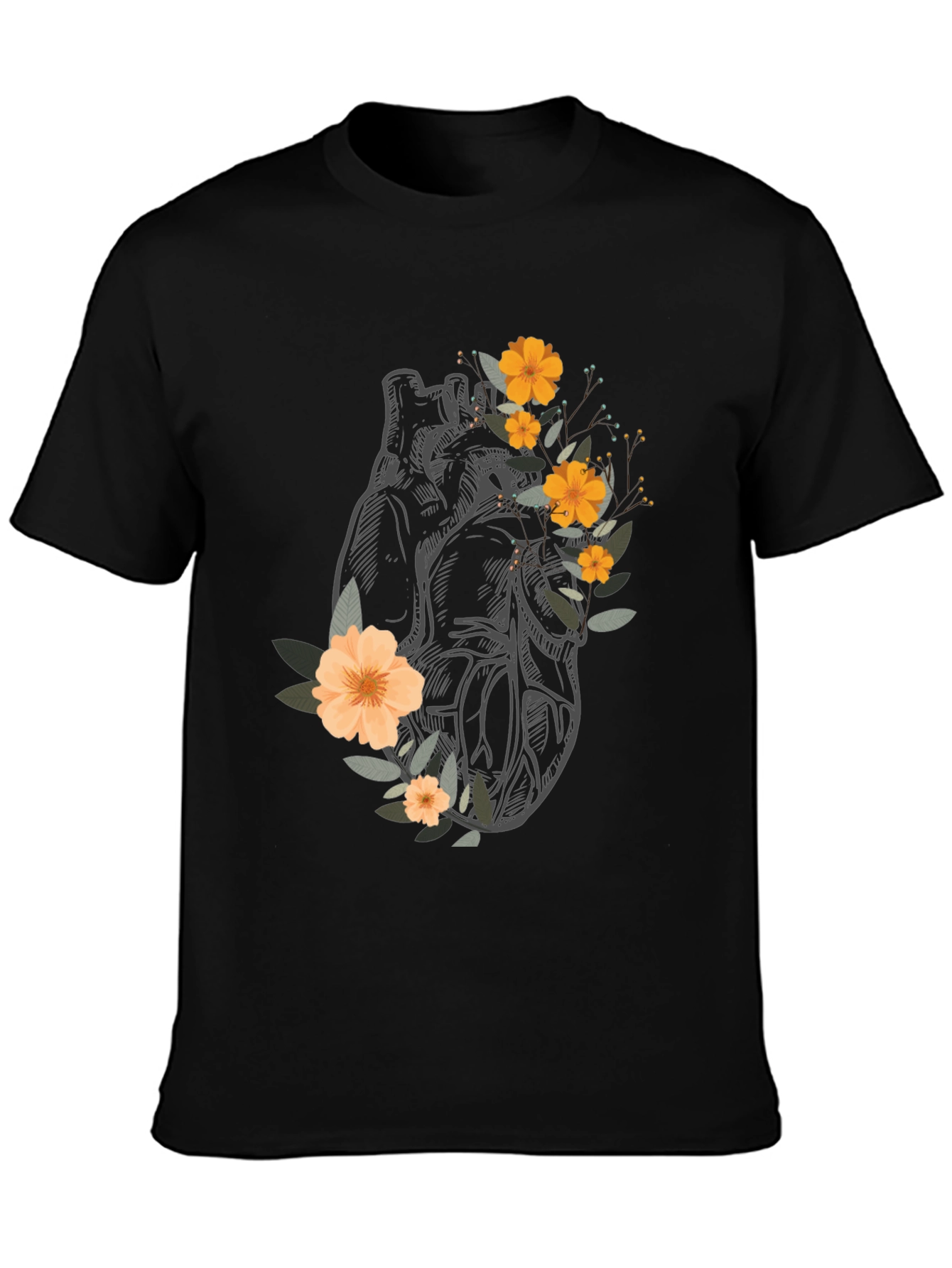 Black Anatomical Heart Floral Graphic Tee - Black view 3