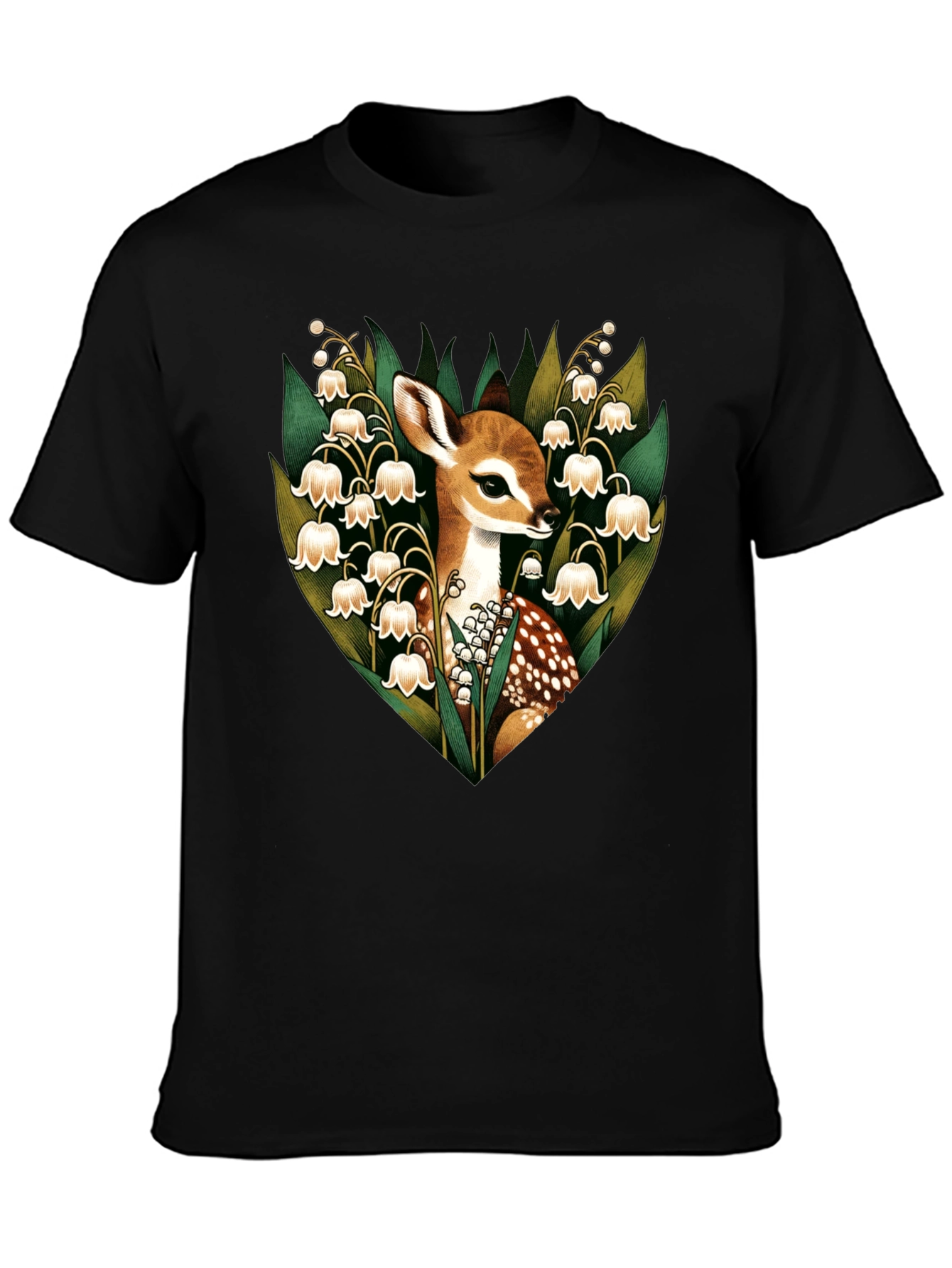 Black Deer & Lily of the Valley Graphic T-Shirt view 3