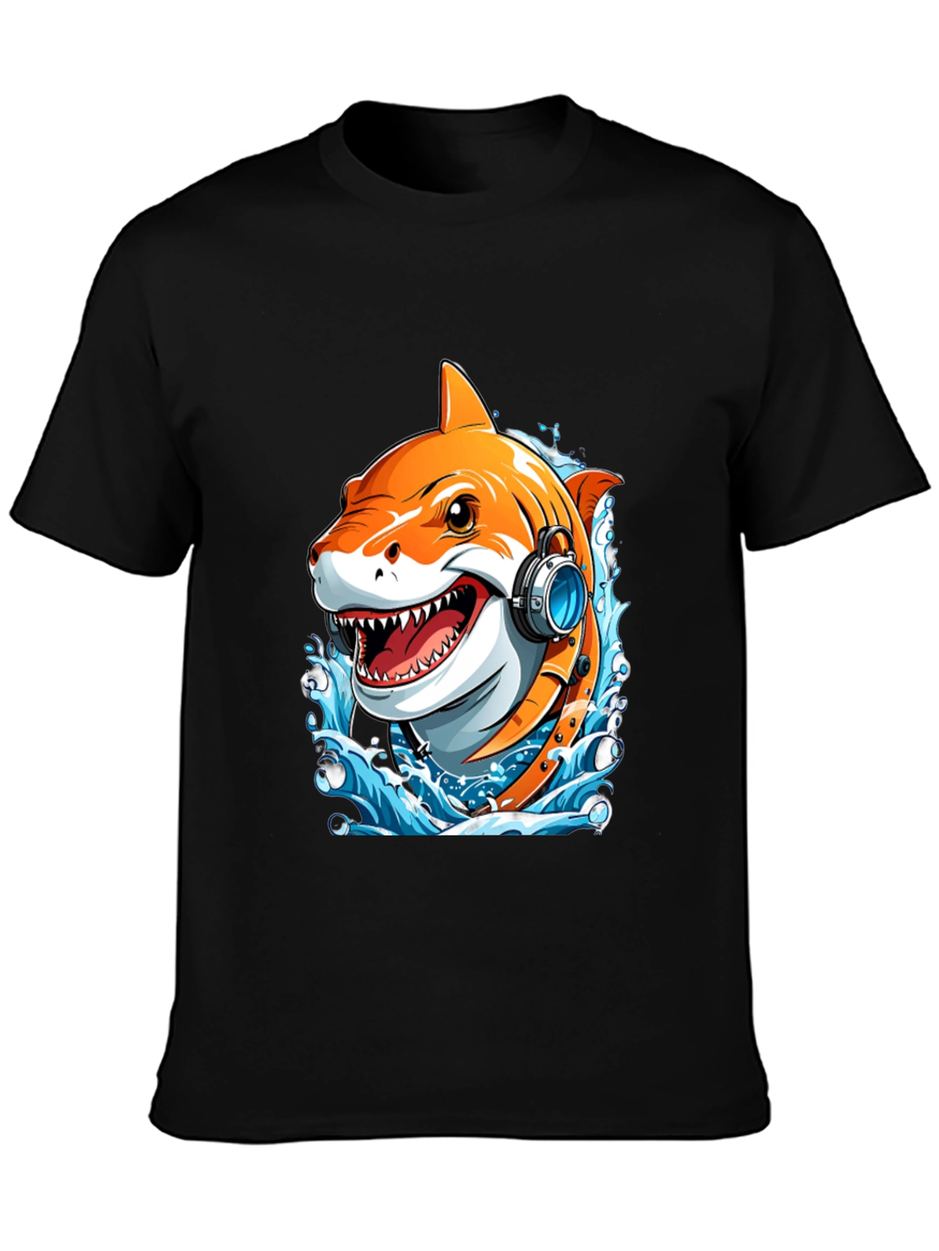 Black Cool Shark Headphones Graphic Tee view 3