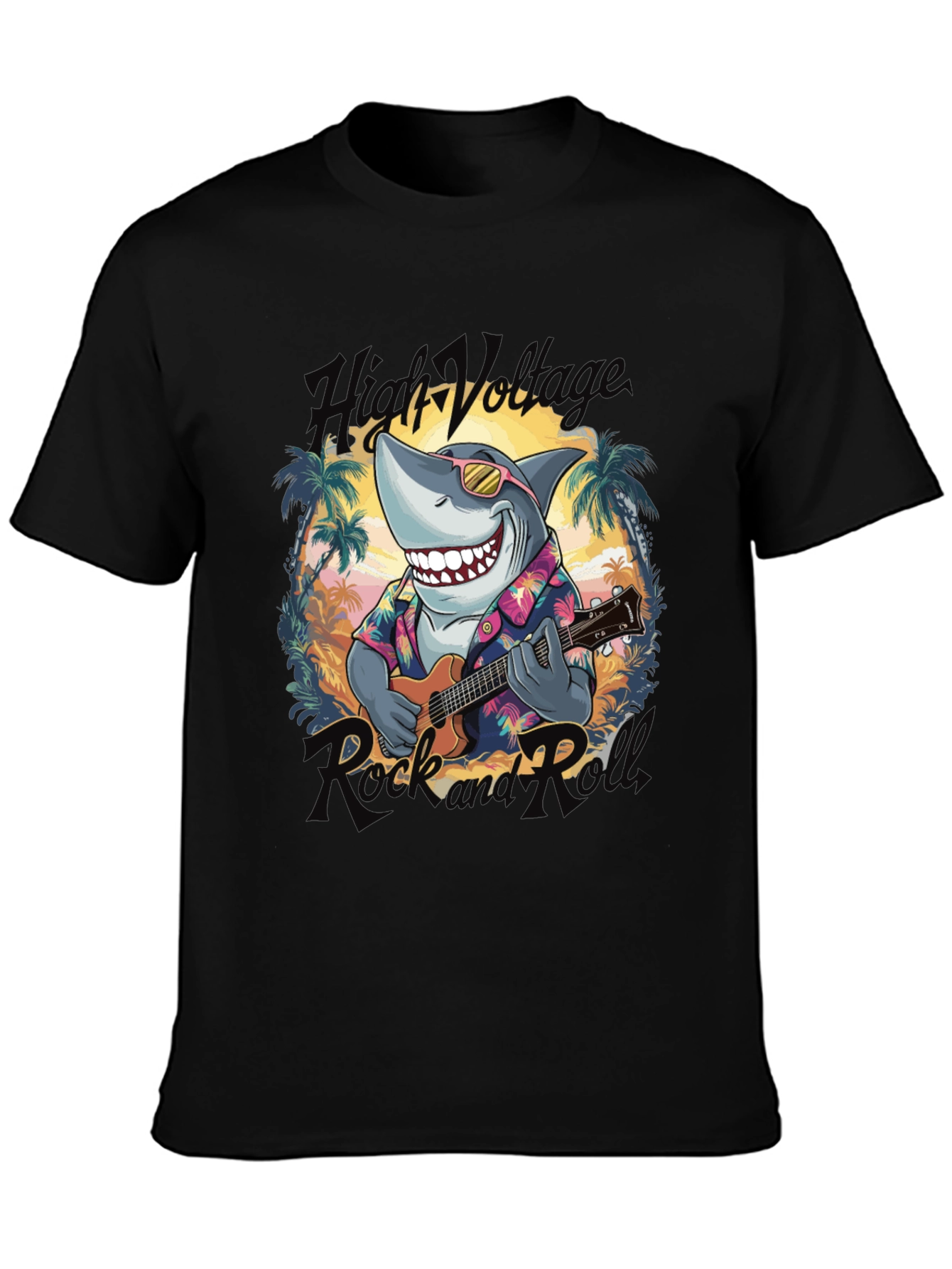 Black High Voltage Rock Shark T-Shirt view 3