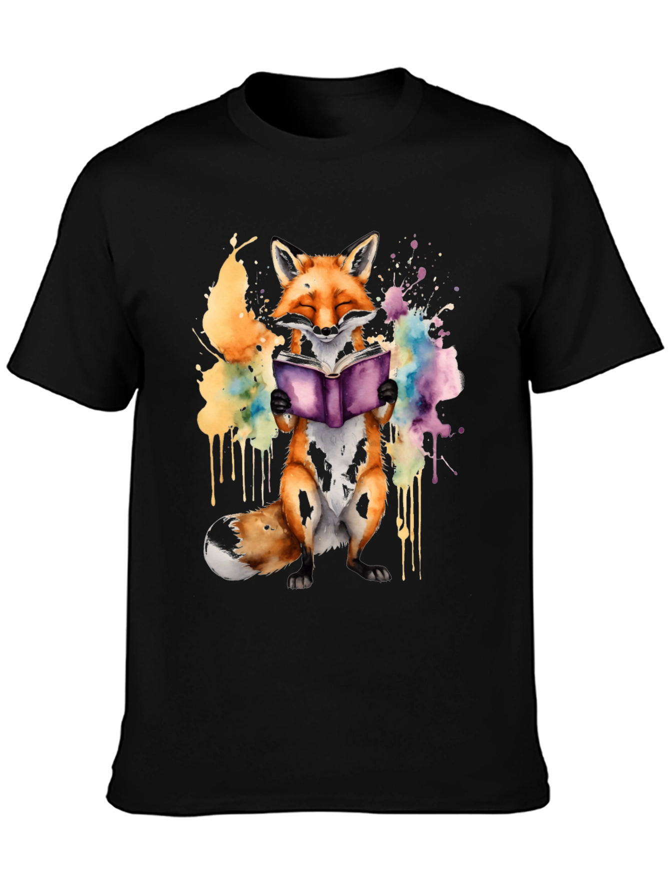 Black Fox Reading Book T-Shirt - Watercolor Design view 3